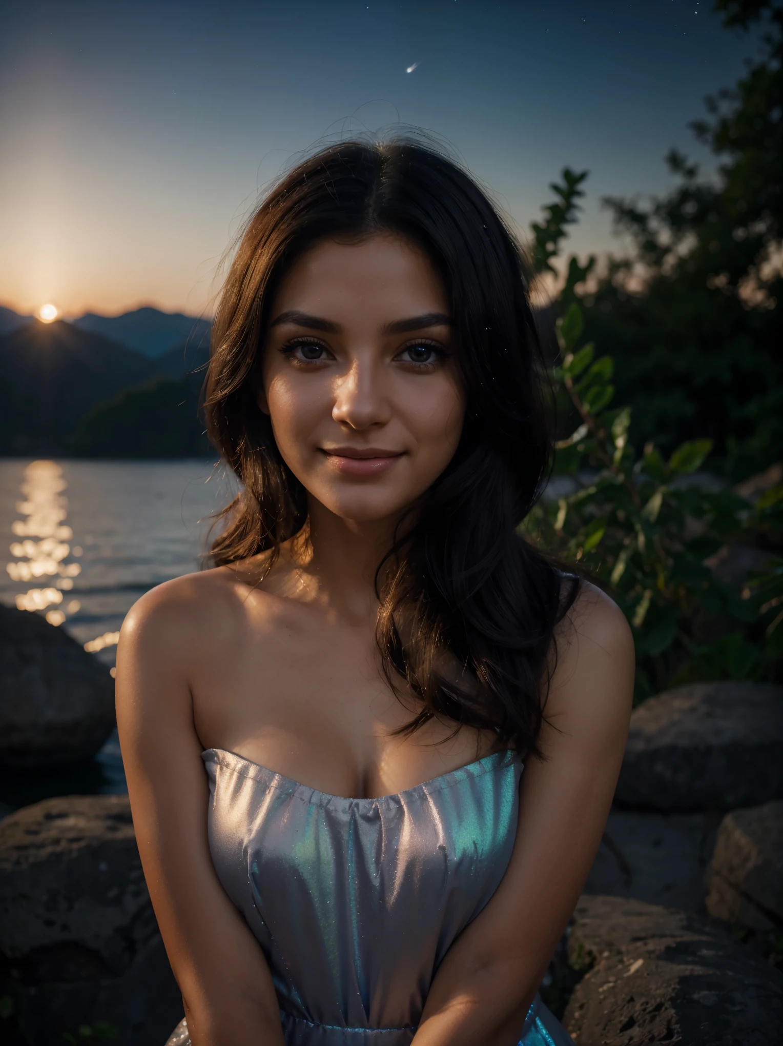highres,realistic,ultra detailed,photo of beautiful,labanese,girl,20 years old,big eyes,long eyelashes,sharp beautiful nose,wavy black hair,natural makeup with short shoulder-length hair chilling, divine proportion, non-douche smile, fire particles, Glowing Whisper, Ethereal Touch, Nocturnal Grace, Silent Luminescence, Midnight Flutter, Whispering Silent, Iridescent Encounter, Moonlit Shadow, high quality, backlit, long exposure, hyper realistic photo, warm smile