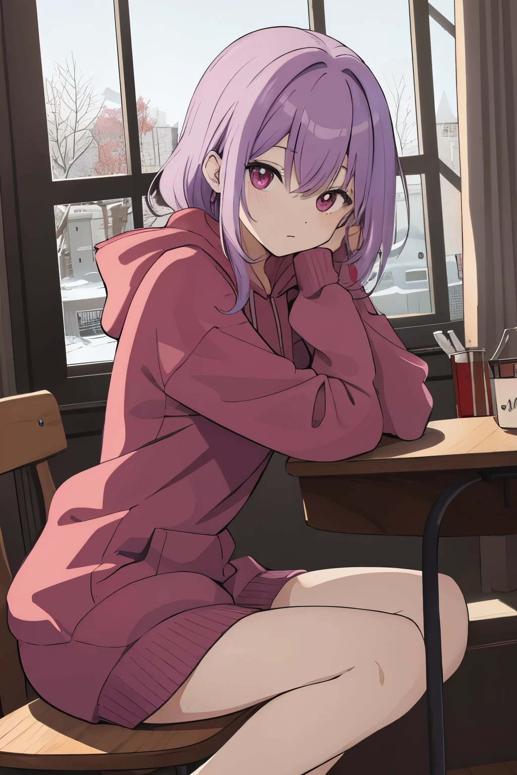 Scene View,null,anime style,morning,headrest, intense angle, Curtsey,(Light purple hair)、medium hair、big round odd eyes、(winter scenery),highest quality、Multicolored hair、((indoor))、red color hoodie,low twintails、