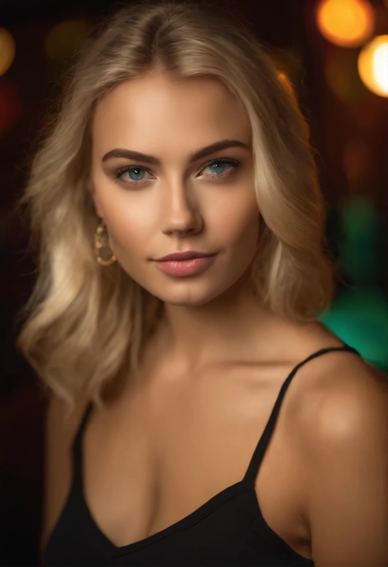 Very pretty 22 year old blonde wearing a t-shirt looking straight into the camera in a club