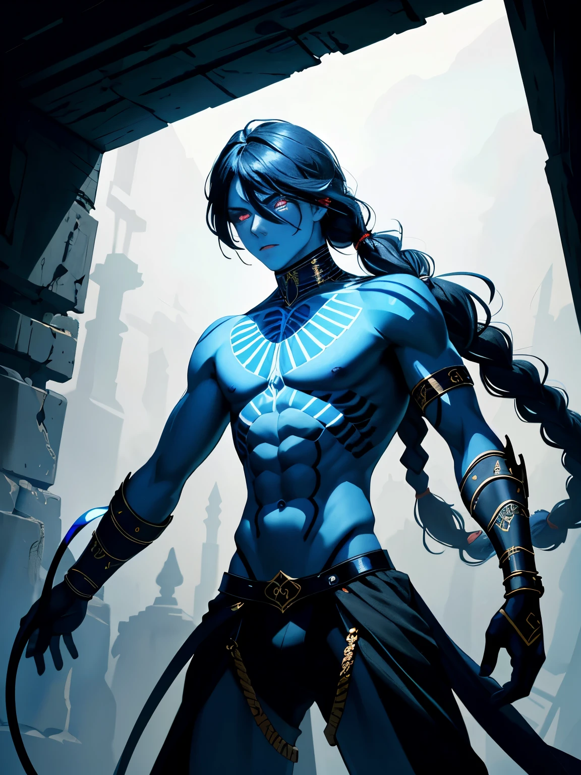 masterpiece, best quality, ultra high res, (dark art:1.3), deep shadow, dark theme, photo of djinn possessed (tan boy with braided hair) with blue glowing eyes with painted sigils seals and hieroglyphics painted allover body, ready to fight, large blood tarnished black-iron wrought gauntlets, skeletal bone Raven perched above the boy