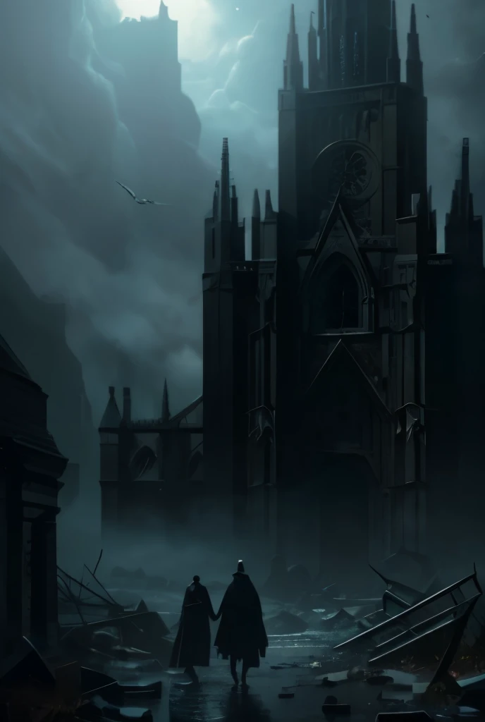 (masterpiece, highest quality, trending on artstation) Cinematic, portrait, (A demonic monster), emerging from a ruined church, gothic landscape, swirling fog, HP Lovecraft, cosmic horror, Victorian,