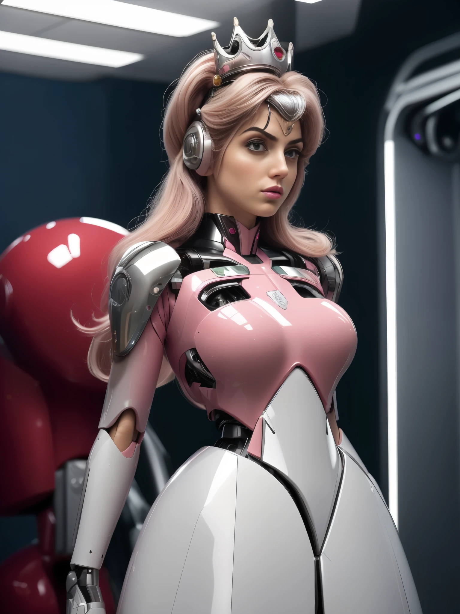  picture of ana de armas as princess peach from mario bros wearing a robotic dress and silver lipstick. almost mechanical, A Blank face, stand up, being reprogrammed, futuristic headset , ultrarrealistic. blue led eletronic pupils in a black sclera, glowing, high pony tail hair, auburn color, with two white front hair streaks, light curled hair, she stands up at atention, awaiting commands with blank expression, fitness body, style based by hajime sorayama 