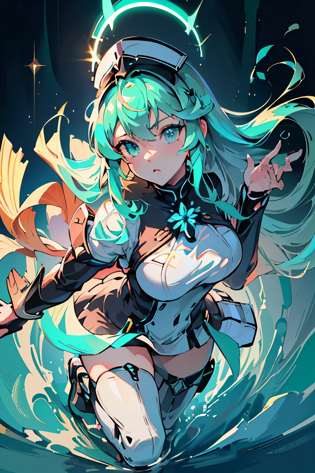 Anime, Girl, (((1girl))), (((Waifu, Xenoblade Chronicles 2, Pneuma Waifu))), (((Seafoam Green Hair, Long Hair))), ((Seafoam Green Eyes eyes:1.3, Upturned Eyes: 1, Perfect Eyes, Beautiful Detailed Eyes, Gradient eyes: 1, Finely Detailed Beautiful Eyes: 1, Symmetrical Eyes: 1, Big Highlight On Eyes: 1.2)), (((Lustrous Skin: 1.5, Bright Skin: 1.5, Skin Fair, Shiny Skin, Very Shiny Skin, Shiny Body, Plastic Glitter Skin, Exaggerated Shiny Skin, Illuminated Skin))), (Detailed Body, (Detailed Face)), Young, Idol Pose, (Best Quality), Techwear, (((Military Uniform))), (((Military Cap))), (((Military Coat))), (((Thigh-high Heeled Boots))), High Resolution, Sharp Focus, Ultra Detailed, Extremely Detailed, Extremely High Quality Artwork, (Realistic, Photorealistic: 1.37), 8k_Wallpaper, (Extremely Detailed CG 8k), (Very Fine 8K CG), ((Hyper Super Ultra Detailed Perfect Piece)), (((Flawlessmasterpiece))), Illustration, Vibrant Colors, (Intricate), High Contrast, Selective Lighting, Double Exposure, HDR (High Dynamic Range), Post-processing, Background Blur