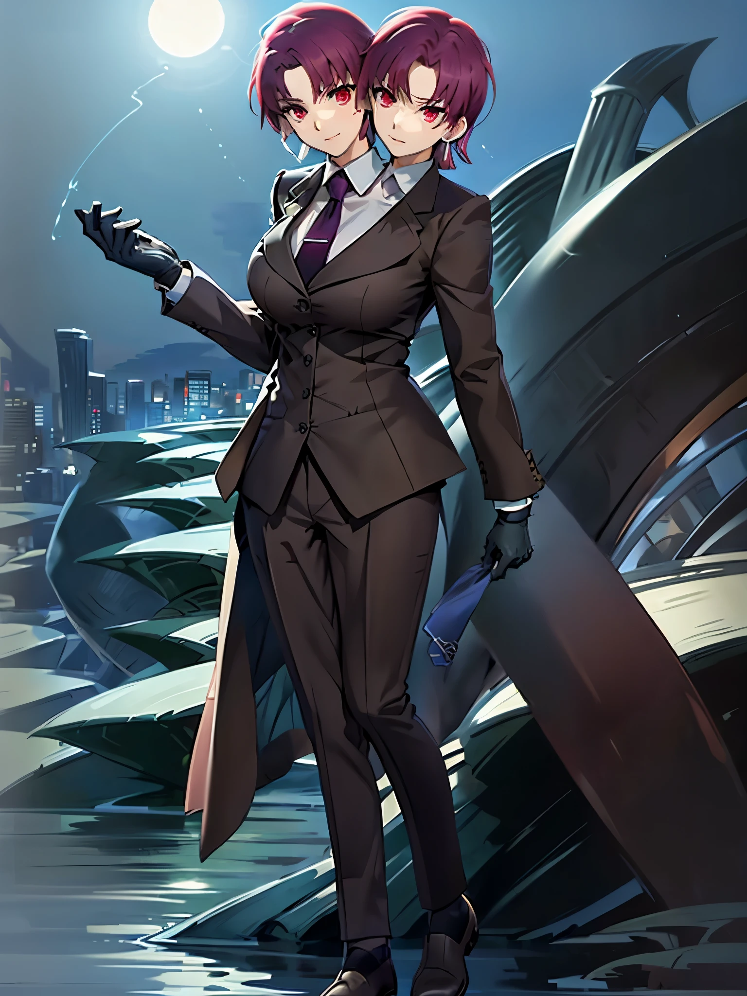 (2heads:1.4), (masterpiece, best quality:1.2), bazett, fgo, 1girl, solo, short hair, red hair, bangs, red eyes,  large breasts, black gloves, formal suit, necktie, jacket, full body, earrings, city background, nighttime, beautiful background