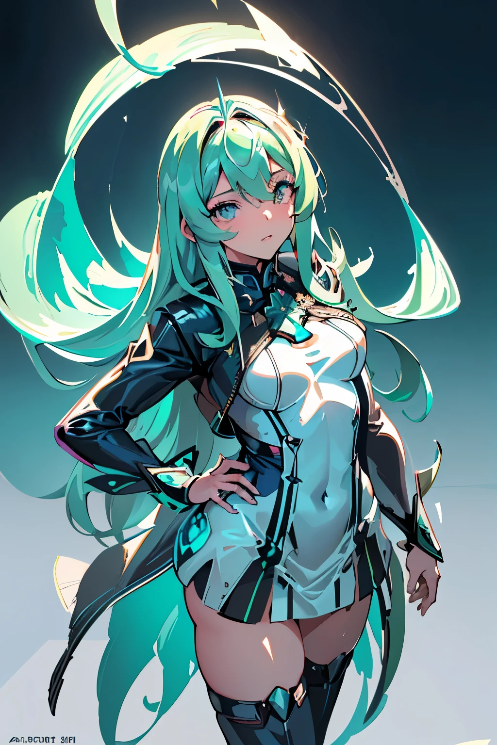 Anime, Girl, (((1girl))), (((Waifu, Xenoblade Chronicles 2, Pneuma Waifu))), (((Seafoam Green Hair, Long Hair))), ((Seafoam Green Eyes eyes:1.3, Upturned Eyes: 1, Perfect Eyes, Beautiful Detailed Eyes, Gradient eyes: 1, Finely Detailed Beautiful Eyes: 1, Symmetrical Eyes: 1, Big Highlight On Eyes: 1.2)), (((Lustrous Skin: 1.5, Bright Skin: 1.5, Skin Fair, Shiny Skin, Very Shiny Skin, Shiny Body, Plastic Glitter Skin, Exaggerated Shiny Skin, Illuminated Skin))), (Detailed Body, (Detailed Face)), Young, Idol Pose, (Best Quality), Techwear, (((Military Uniform))), (((Military Cap))), (((Military Coat))), (((Thigh-high Heeled Boots))), High Resolution, Sharp Focus, Ultra Detailed, Extremely Detailed, Extremely High Quality Artwork, (Realistic, Photorealistic: 1.37), 8k_Wallpaper, (Extremely Detailed CG 8k), (Very Fine 8K CG), ((Hyper Super Ultra Detailed Perfect Piece)), (((Flawlessmasterpiece))), Illustration, Vibrant Colors, (Intricate), High Contrast, Selective Lighting, Double Exposure, HDR (High Dynamic Range), Post-processing, Background Blur