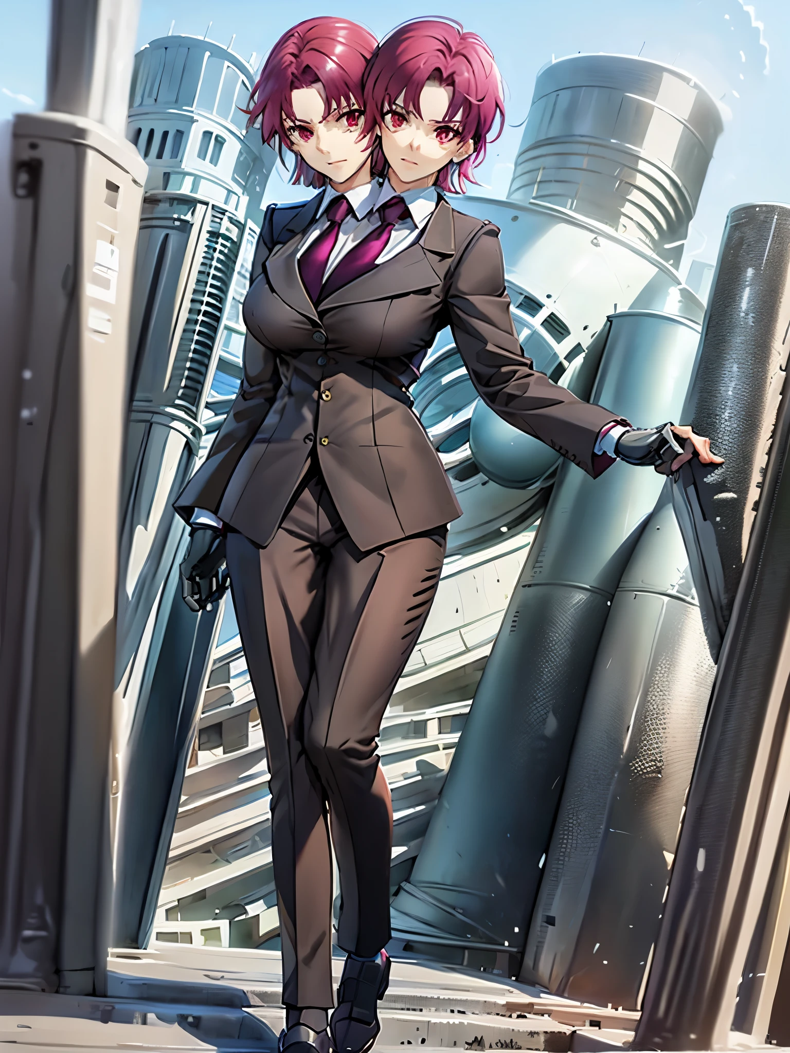 (2heads:1.4), (masterpiece, best quality:1.2), bazett, fgo, 1girl, (solo), short hair, red hair, bangs, red eyes,  large breasts, black gloves, formal suit, necktie, jacket, full body, earrings, city background, nighttime, beautiful background