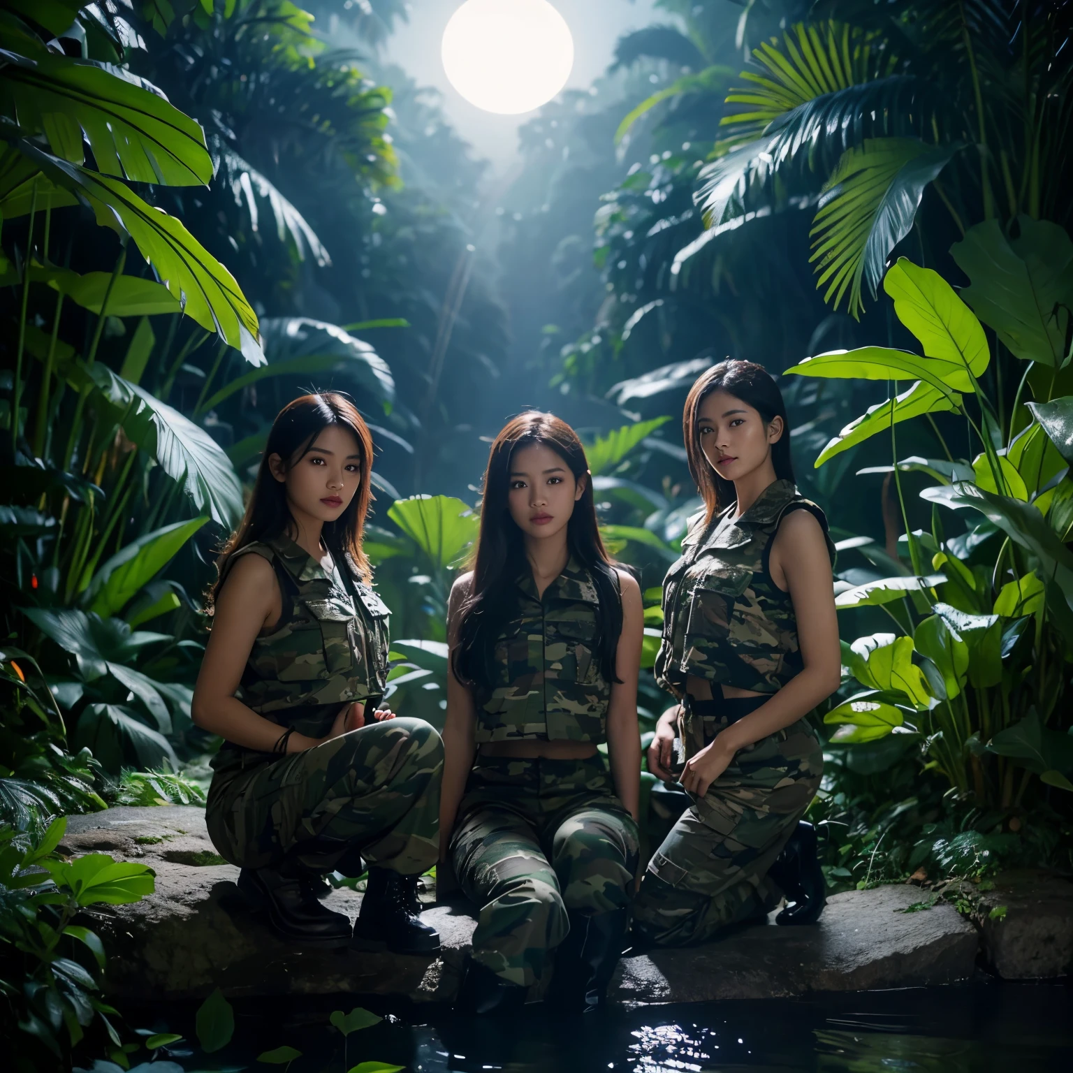 create a hyper-realistic night photo of Burmese girls' group in the jungle at the night. detail face. power face, power pose. they wear Camouflage vest. pants and jungle boots. holding M4A1. near the river. detail rocks. detail water. banana plants. moonlight only. dirty. High contrast. detail plants. Clear color. dark theme. bokeh. fog.