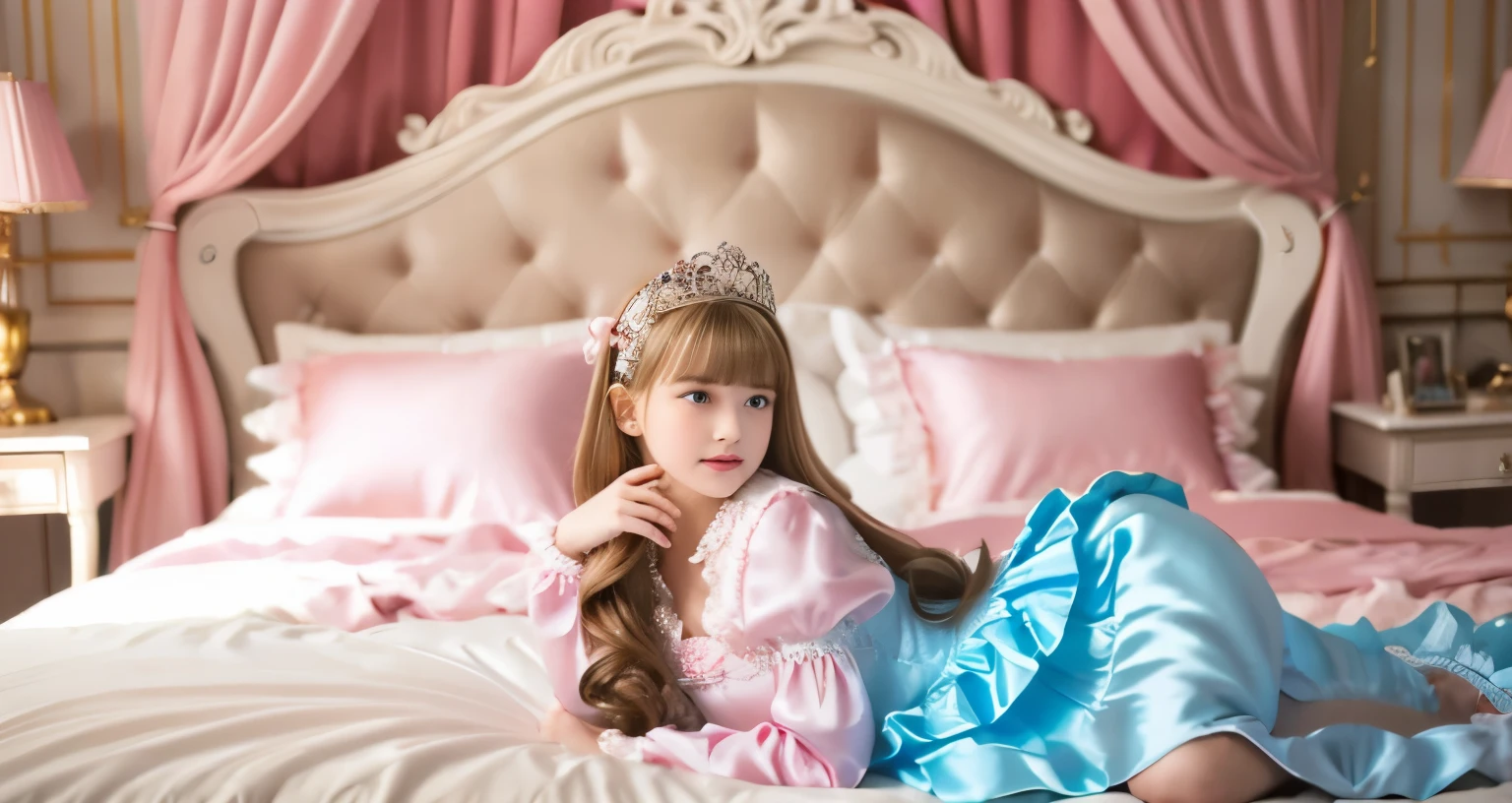 ,highest quality, masterpiece, highest resolution, artwork, super それにget used to it, many get used to it, get used to it, それにget used to it, 3K realistic photos,,(( When I was )),Super detailed baby face,She is a princess,Full length ball gown dress with hoop skirt,ruffle yoke collar,puff sleeves,long sleeve,((Lolita style pink detailed princess satin dress、Comes with lots of frills and ribbons。)),colorful rococo fashion,shiny satin dress,Soft and smooth fabric,luxury,long blonde hair,blue eyes,white skin european,pajamas,((inside the palace)),,,(( When I was 10 years old)),Sd baby face,Full length ball gown dress with hoop skirt,long skirt,ruffle yoke collar,puff sleeves,腰まで伸びるlong blonde hair,blue eyes,white skin european,pajamas,((inside the palace bedroom)),ピンクのシルクサテンのluxuryなcanopy bedの上,canopy bed,Luxurious curtains on both sides of the bed,many frilly pillows on the bed,super detailed background,Detailed bed,romantic atmosphere,little princess is lying on the bed,hugging a pink pillow,((((both legs are hidden in the dress)))),the dress is spread across the bed,soft pink silk satin comforter,Soft silk satin ruffled pillow,Beautiful girl illustration,detailed beautiful face detailed hair,detailed human eye ,detailed mouth, arm details,detailed hand,Detailed pillow,