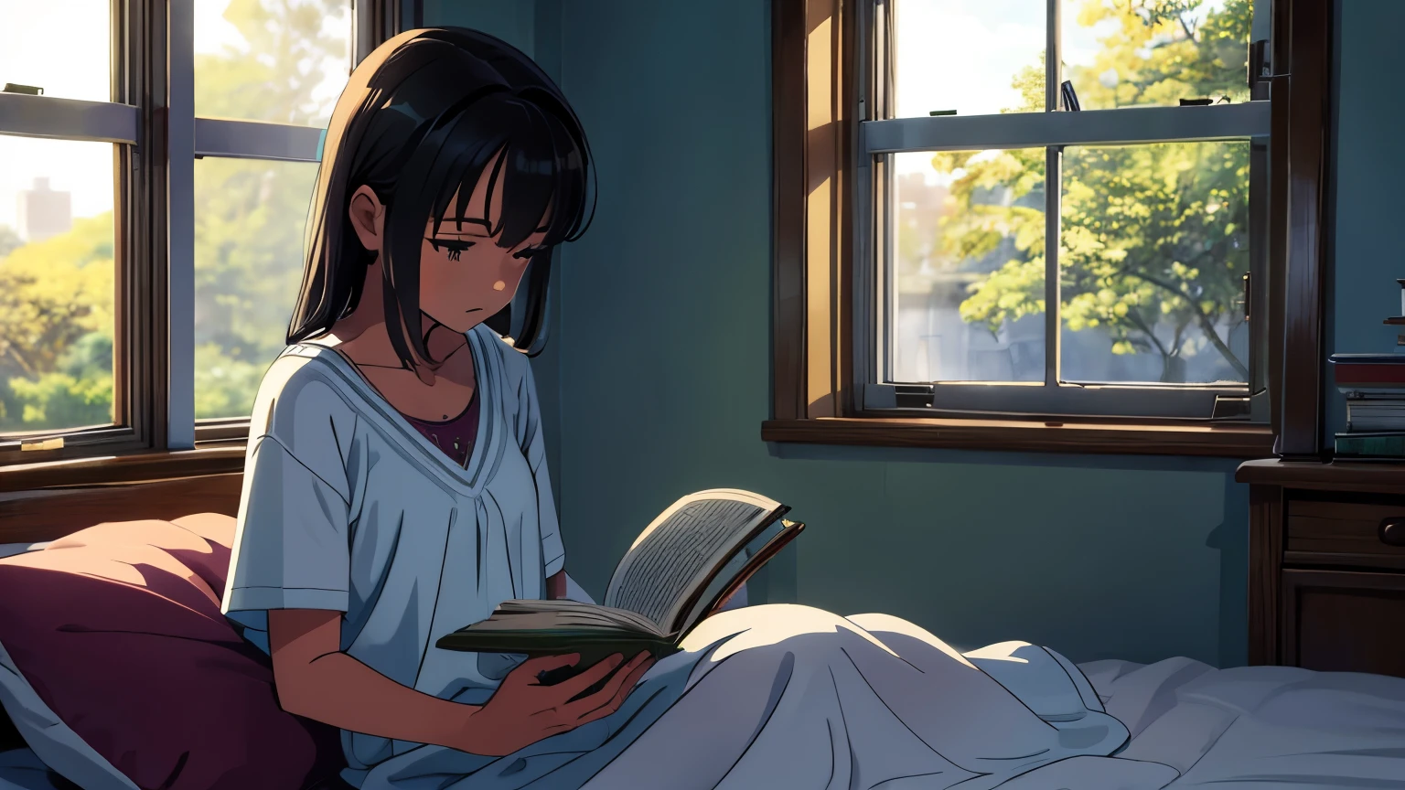 Crie uma de 15anos deitada na cama dela, She picked up a book and opened it and started reading, Is anoitecendo, e tem uma janela grande ao lado dela, a luz da lua cheia entra no quarto, with some trees outside the window (melhor a qualidade), (8k resolution), (ultra highres).