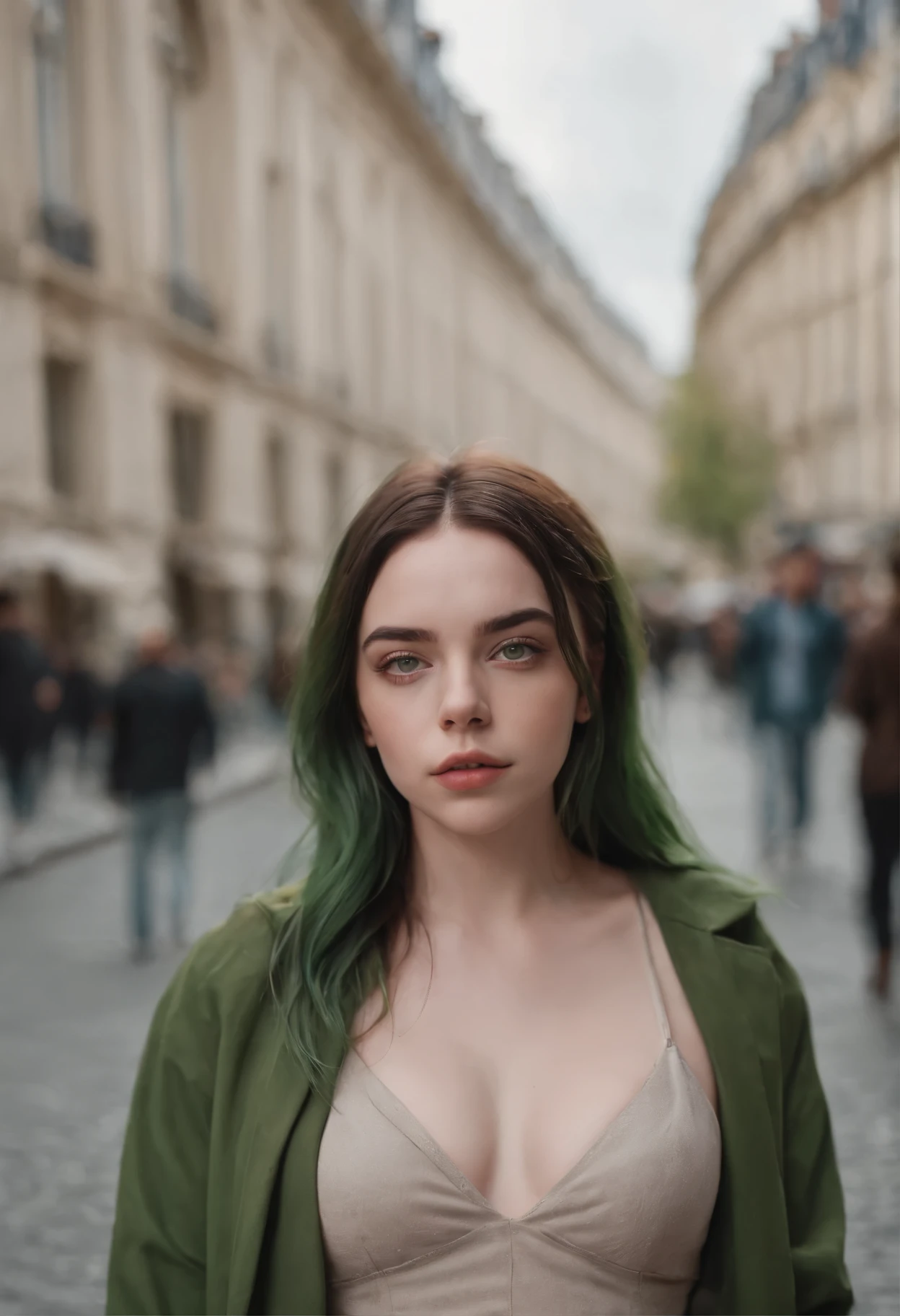 Beautiful girl looks like Billie Eilish, sexy Figur, sexy Pose, Hot clothes, green and brown hair, beauty face, walking in paris