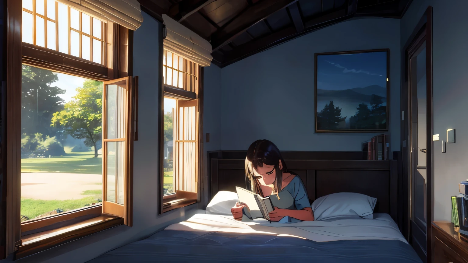Crie uma de 15anos deitada na cama dela, She picked up a book and opened it and started reading, Is anoitecendo, e tem uma janela grande ao lado dela, a luz da lua cheia entra no quarto, with some trees outside the window (melhor a qualidade), (8k resolution), (ultra highres).