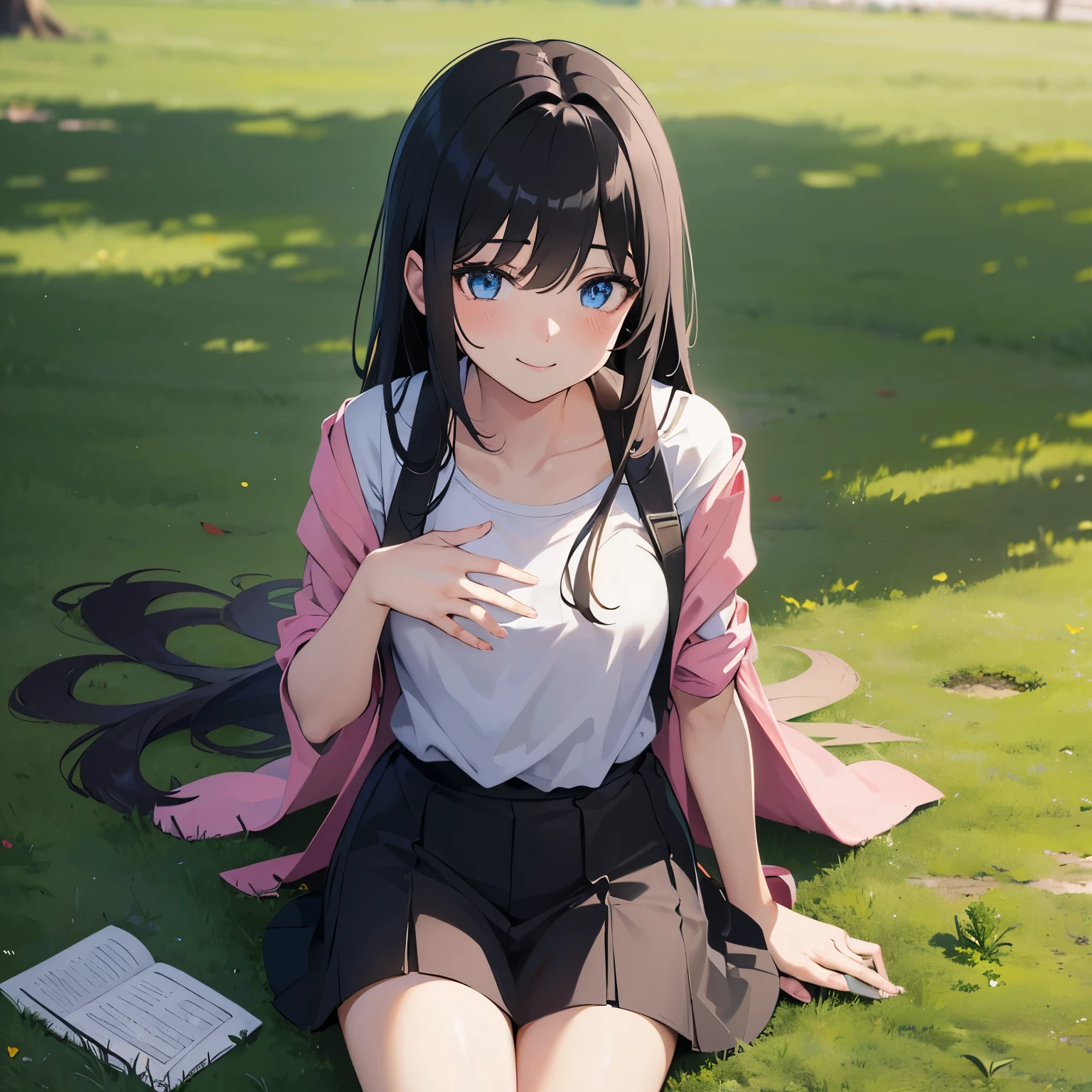 (masterpiece), (best quality), (ultra detailed),(disheveled hair), female college student, sitting in grass, looking at camera, smiling, pink and black hair, blue eyes, short and thin,