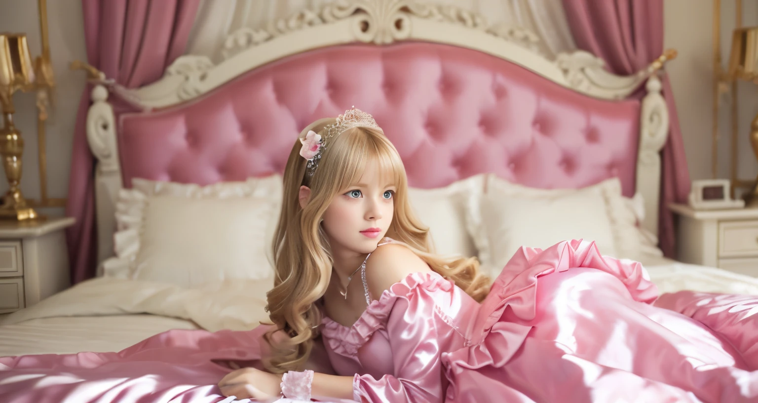 ,highest quality, masterpiece, highest resolution, artwork, super それにget used to it, many get used to it, get used to it, それにget used to it, 3K realistic photos,,(( When I was )),Super detailed baby face,She is a princess,Full length ball gown dress with hoop skirt,ruffle yoke collar,puff sleeves,long sleeve,((Lolita style pink detailed princess satin dress、Comes with lots of frills and ribbons。)),colorful rococo fashion,shiny satin dress,Soft and smooth fabric,luxury,long blonde hair,blue eyes,white skin european,pajamas,((inside the palace)),,,(( When I was 10 years old)),Sd baby face,Full length ball gown dress with hoop skirt,long skirt,ruffle yoke collar,puff sleeves,腰まで伸びるlong blonde hair,blue eyes,white skin european,pajamas,((inside the palace bedroom)),ピンクのシルクサテンのluxuryなcanopy bedの上,canopy bed,Luxurious curtains on both sides of the bed,many frilly pillows on the bed,super detailed background,Detailed bed,romantic atmosphere,little princess is lying on the bed,hugging a pink pillow,((((both legs are hidden in the dress)))),the dress is spread across the bed,soft pink silk satin comforter,Soft silk satin ruffled pillow,Beautiful girl illustration,detailed beautiful face detailed hair,detailed human eye ,detailed mouth, arm details,detailed hand,Detailed pillow,