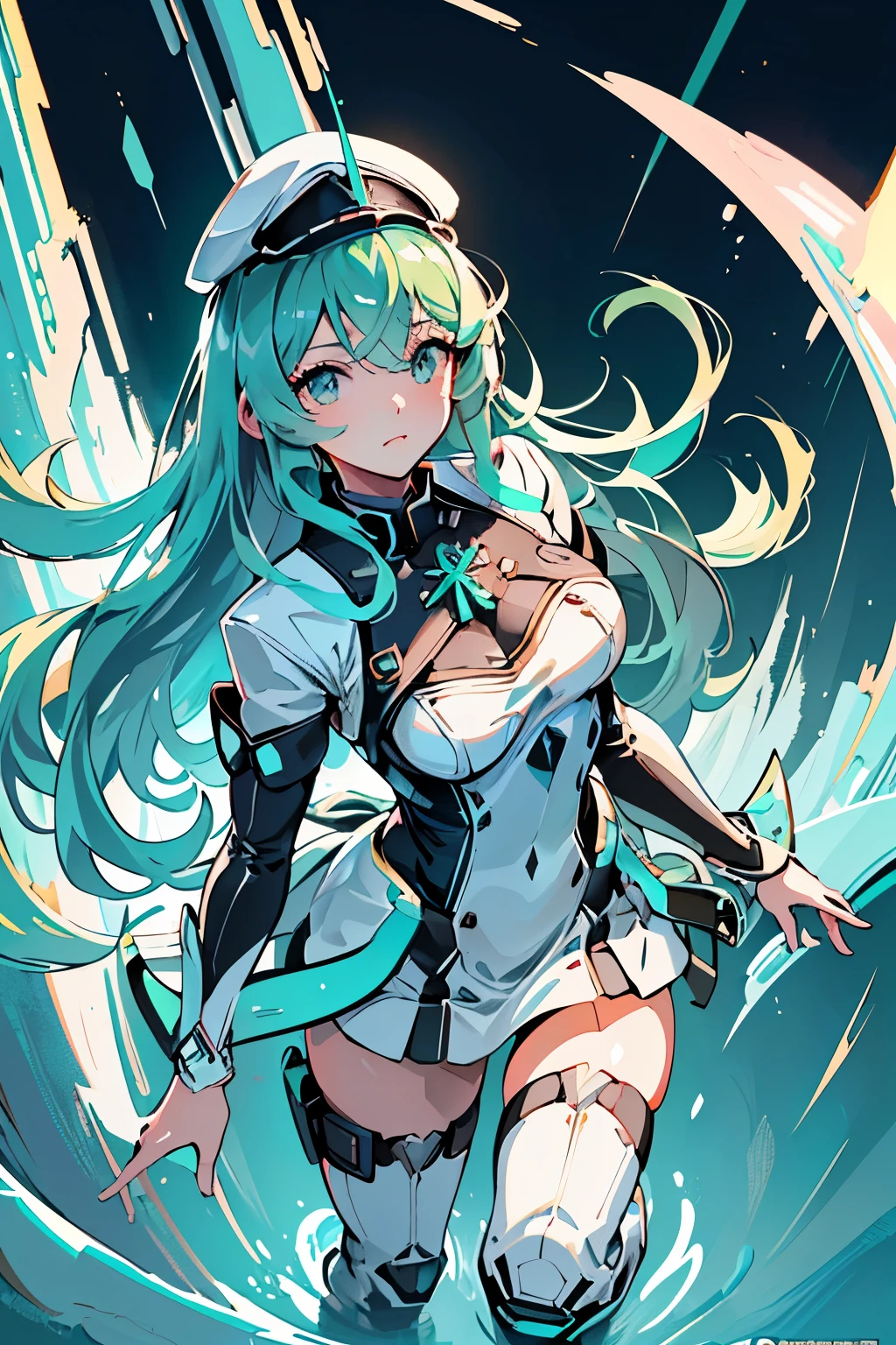 Anime, Girl, (((1girl))), (((Waifu, Xenoblade Chronicles 2, Pneuma Waifu))), (((Seafoam Green Hair, Long Hair))), ((Seafoam Green Eyes eyes:1.3, Upturned Eyes: 1, Perfect Eyes, Beautiful Detailed Eyes, Gradient eyes: 1, Finely Detailed Beautiful Eyes: 1, Symmetrical Eyes: 1, Big Highlight On Eyes: 1.2)), (((Lustrous Skin: 1.5, Bright Skin: 1.5, Skin Fair, Shiny Skin, Very Shiny Skin, Shiny Body, Plastic Glitter Skin, Exaggerated Shiny Skin, Illuminated Skin))), (Detailed Body, (Detailed Face)), Young, Idol Pose, (Best Quality), Techwear, (((Military Uniform))), (((Military Cap))), (((Military Coat))), (((Thigh-high Heeled Boots))), High Resolution, Sharp Focus, Ultra Detailed, Extremely Detailed, Extremely High Quality Artwork, (Realistic, Photorealistic: 1.37), 8k_Wallpaper, (Extremely Detailed CG 8k), (Very Fine 8K CG), ((Hyper Super Ultra Detailed Perfect Piece)), (((Flawlessmasterpiece))), Illustration, Vibrant Colors, (Intricate), High Contrast, Selective Lighting, Double Exposure, HDR (High Dynamic Range), Post-processing, Background Blur