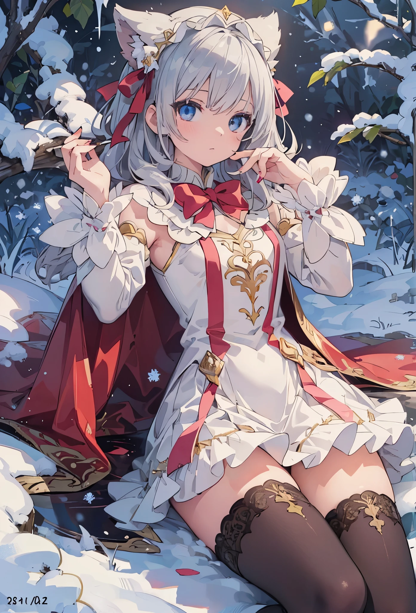 ((Highly accurate drawing in every detail)Extremely precise depiction)[High resolution],(detailed illustrations,Very detailed and precise drawing,Delicate drawn lines with tempo,Realistic texture expression),[color traced main line],[Winter Park [Walking trail](powder snow)],[HENTAI] kawaii ((anime) tareme Girl (Pretty) 12 years old [SKINNY [thin chest]]) (silver hair [[Hairstyles with a wide forehead]]) ((Magical girl)),((holly leaves) headdress) (Fur collared cape((frills) ribbon)[boa fabric dress][Color stockings],transparency [Soft ambient light] gravure [Colorful],(intricate and beautiful decoration [Dense detail]),(Fine and beautiful skin expression [transparency]),Precisely drawn eyes[完璧な目のdetailed(Iris drawn in minute detail)(Beautiful eyes like jewels)],[eyes light[Pinpoint lighting for the eyes]],[long and beautiful eyelashes],[precisely drawn hair [美しく艷やかな髪のdetailed]],(完璧な手のdetailed [Beautiful fingers with no damage [beautiful nails]]),(perfect anatomy(perfectly balanced proportions))[[full body portrait]],[ideal color coordination(Accurate simulation of light and material interactions)],([Precision Detail](detailed,High definition)),[[Pale and gentle colors]][Visual art that tells a story].