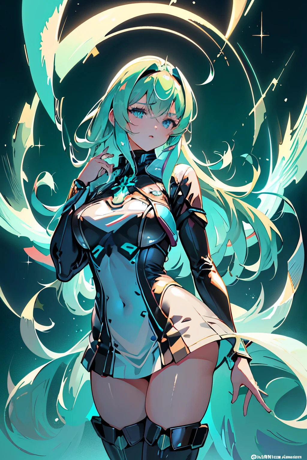 Anime, Girl, (((1girl))), (((Waifu, Xenoblade Chronicles 2, Pneuma Waifu))), (((Seafoam Green Hair, Long Hair))), ((Seafoam Green Eyes eyes:1.3, Upturned Eyes: 1, Perfect Eyes, Beautiful Detailed Eyes, Gradient eyes: 1, Finely Detailed Beautiful Eyes: 1, Symmetrical Eyes: 1, Big Highlight On Eyes: 1.2)), (((Lustrous Skin: 1.5, Bright Skin: 1.5, Skin Fair, Shiny Skin, Very Shiny Skin, Shiny Body, Plastic Glitter Skin, Exaggerated Shiny Skin, Illuminated Skin))), (Detailed Body, (Detailed Face)), Young, Idol Pose, (Best Quality), Techwear, (((Military Uniform))), (((Military Cap))), (((Military Coat))), (((Thigh-high Heeled Boots))), High Resolution, Sharp Focus, Ultra Detailed, Extremely Detailed, Extremely High Quality Artwork, (Realistic, Photorealistic: 1.37), 8k_Wallpaper, (Extremely Detailed CG 8k), (Very Fine 8K CG), ((Hyper Super Ultra Detailed Perfect Piece)), (((Flawlessmasterpiece))), Illustration, Vibrant Colors, (Intricate), High Contrast, Selective Lighting, Double Exposure, HDR (High Dynamic Range), Post-processing, Background Blur