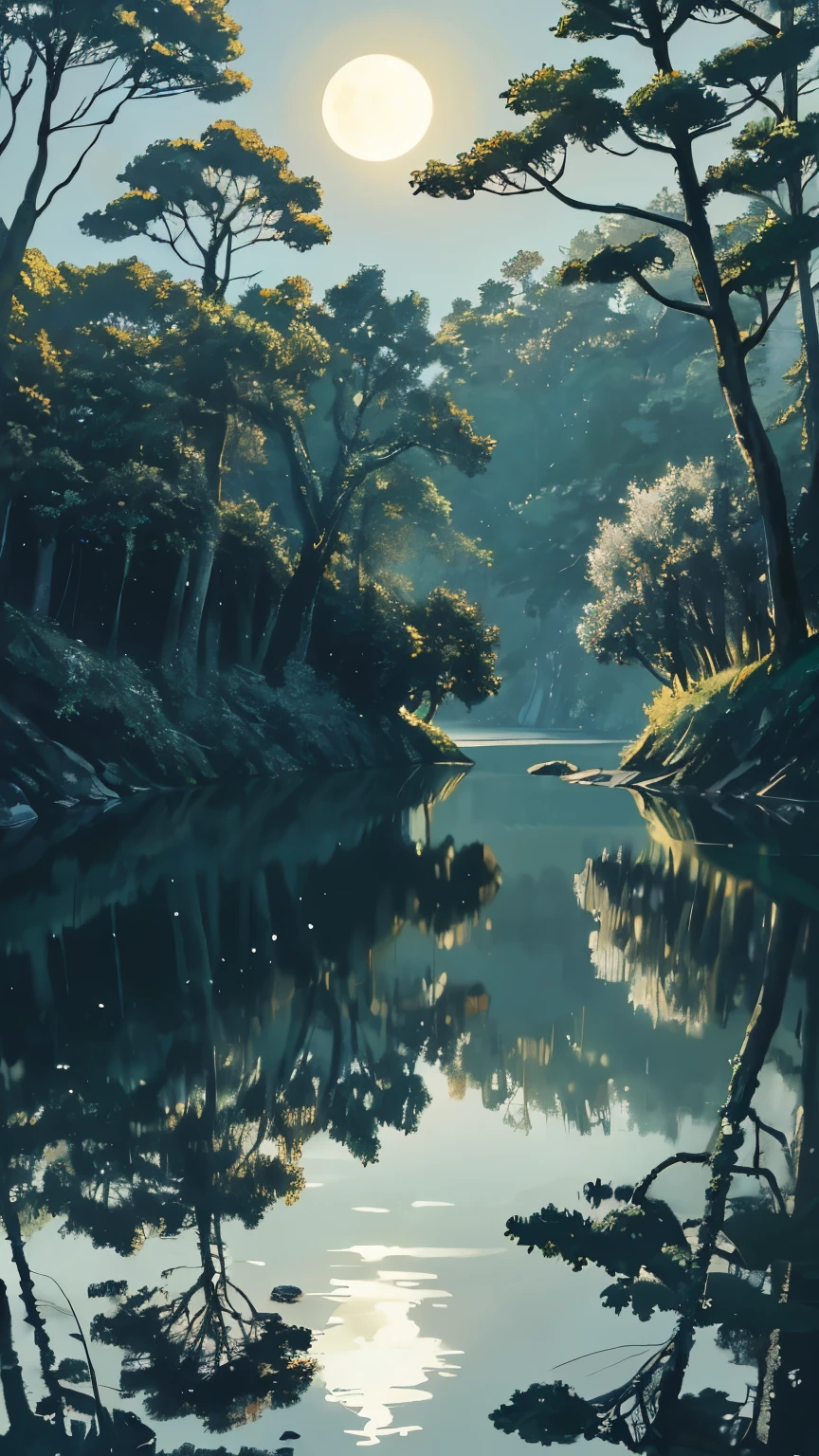 Masterpiece, in the heart of the forest, solo, beneath the canopy of ancient trees, with twisted roots and mossy bark, lies a serene river winding its way along the edge of a cliff, dressed in dark waters. Above, the moon casts its gentle glow, illuminating the landscape with a silver hue, creating an ultra-detailed, realistic, and high-resolution scene. The tranquil waters of the river mirror the moon's brilliance, reflecting every shiny pebble and rippling wave, showcasing the finest details and dynamic light and shadow.

As the night deepens, the forest comes alive with the sounds of nature, the hoots