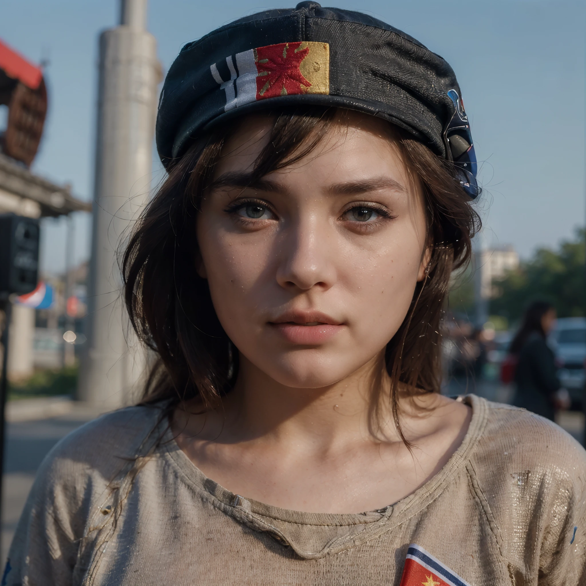 (photorealistic:1.4), Best quality, masterpiece, ultra high resolution, , , 1 girl, (Detailed face:1.2), (Detailed eyes:1.2), (detailed hair:1.2), (Detailed clothing:1.2), in a cap ,China flag on the cap ,smokes a cigarette in reality 100