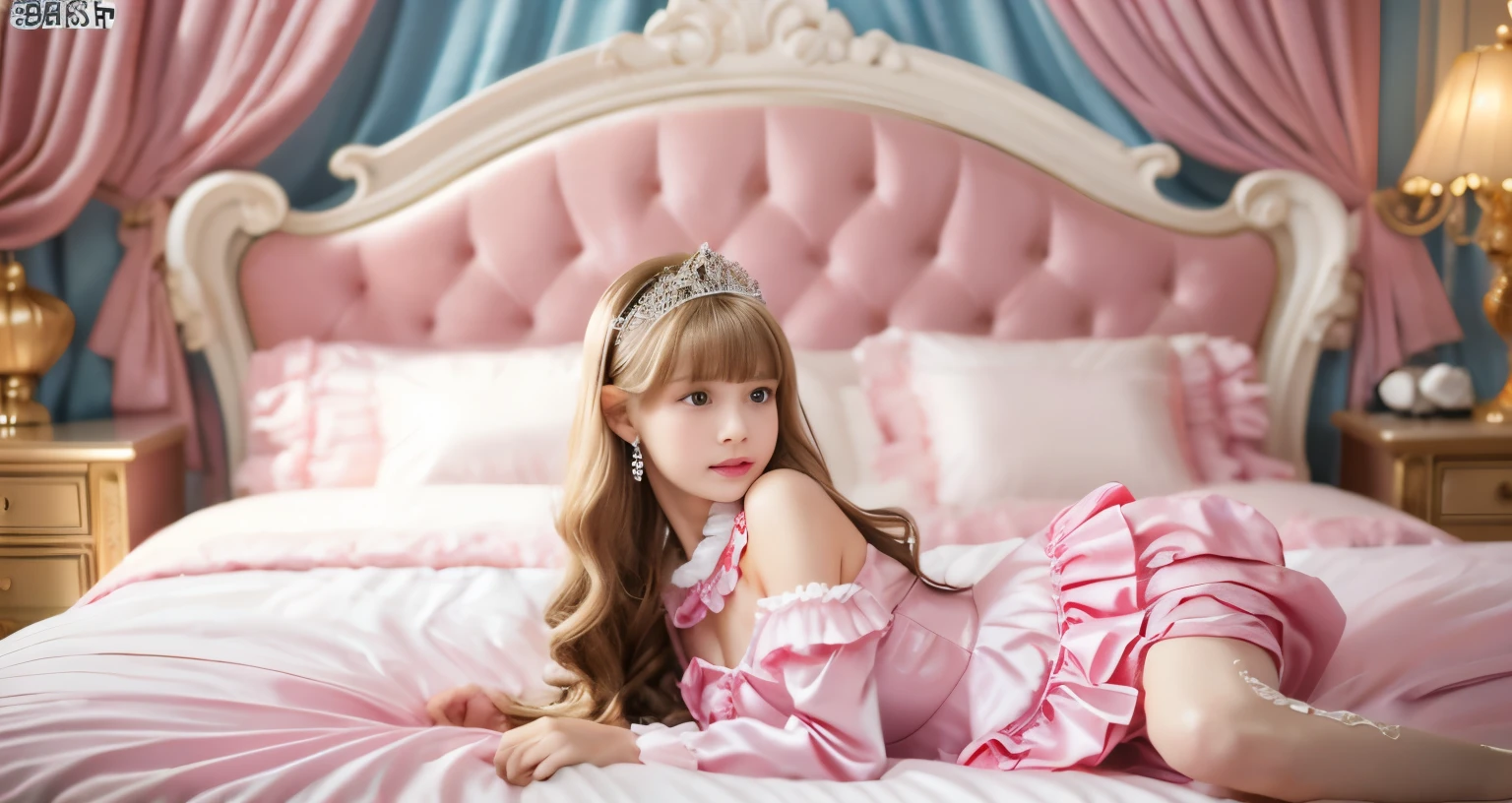 ,highest quality, masterpiece, highest resolution, artwork, super それにget used to it, many get used to it, get used to it, それにget used to it, 3K realistic photos,,(( When I was )),Super detailed baby face,She is a princess,Full length ball gown dress with hoop skirt,ruffle yoke collar,puff sleeves,long sleeve,((Lolita style pink detailed princess satin dress、Comes with lots of frills and ribbons。)),colorful rococo fashion,shiny satin dress,Soft and smooth fabric,luxury,long blonde hair,blue eyes,white skin european,pajamas,((inside the palace)),,,(( When I was 10 years old)),Sd baby face,Full length ball gown dress with hoop skirt,long skirt,ruffle yoke collar,puff sleeves,腰まで伸びるlong blonde hair,blue eyes,white skin european,pajamas,((inside the palace bedroom)),ピンクのシルクサテンのluxuryなcanopy bedの上,canopy bed,Luxurious curtains on both sides of the bed,many frilly pillows on the bed,super detailed background,Detailed bed,romantic atmosphere,little princess is lying on the bed,hugging a pink pillow,((((both legs are hidden in the dress)))),the dress is spread across the bed,soft pink silk satin comforter,Soft silk satin ruffled pillow,Beautiful girl illustration,detailed beautiful face detailed hair,detailed human eye ,detailed mouth, arm details,detailed hand,Detailed pillow,