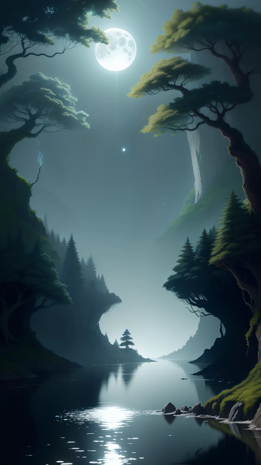 of owls, the chirping of crickets, and the gentle rustling of leaves in the breeze. Amidst this enchanting scene, there exists a masterpiece, hidden in the heart of the forest and visible only at night. Beneath the canopy of ancient trees, with twisted roots and mossy bark, lies a serene river winding its way along the edge of a cliff, dressed in dark waters. Above, the moon casts its gentle glow, illuminating the landscape with a silver hue. The tranquil waters of the river mirror the moon's brilliance, reflecting every shiny pebble and rippling wave, showcasing the finest details and dynamic light