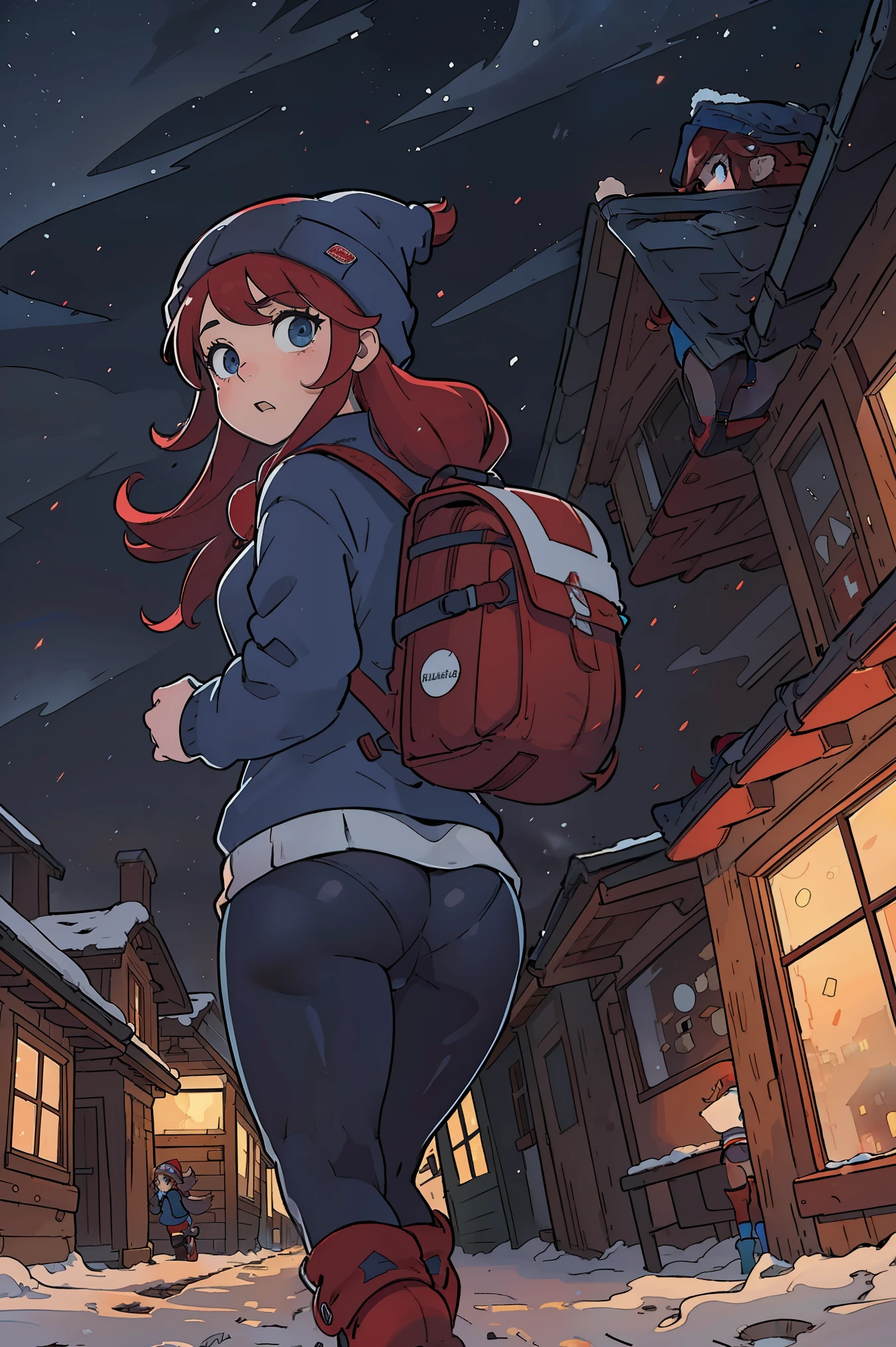 masterpiece, 4k, detailed, a girl with long red hair in a beanie, blue sweater and tights, red boots and backpack, running forwards, worried expression, in an empty, dark village, foggy, snowy, blizzard, lot of fog, night time, huge ass, ass focus, ass cameltoe