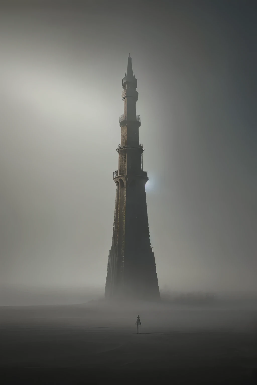 a lonely levitating The Spasskaya Tower, in an ancient wasteland, in its own style. matte painting by Zdzislaw Beksinski. a palette of colors in the style of Zdzislaw Beksinski. the velvety surface of the canvas, the atmosphere of mystery and light fog