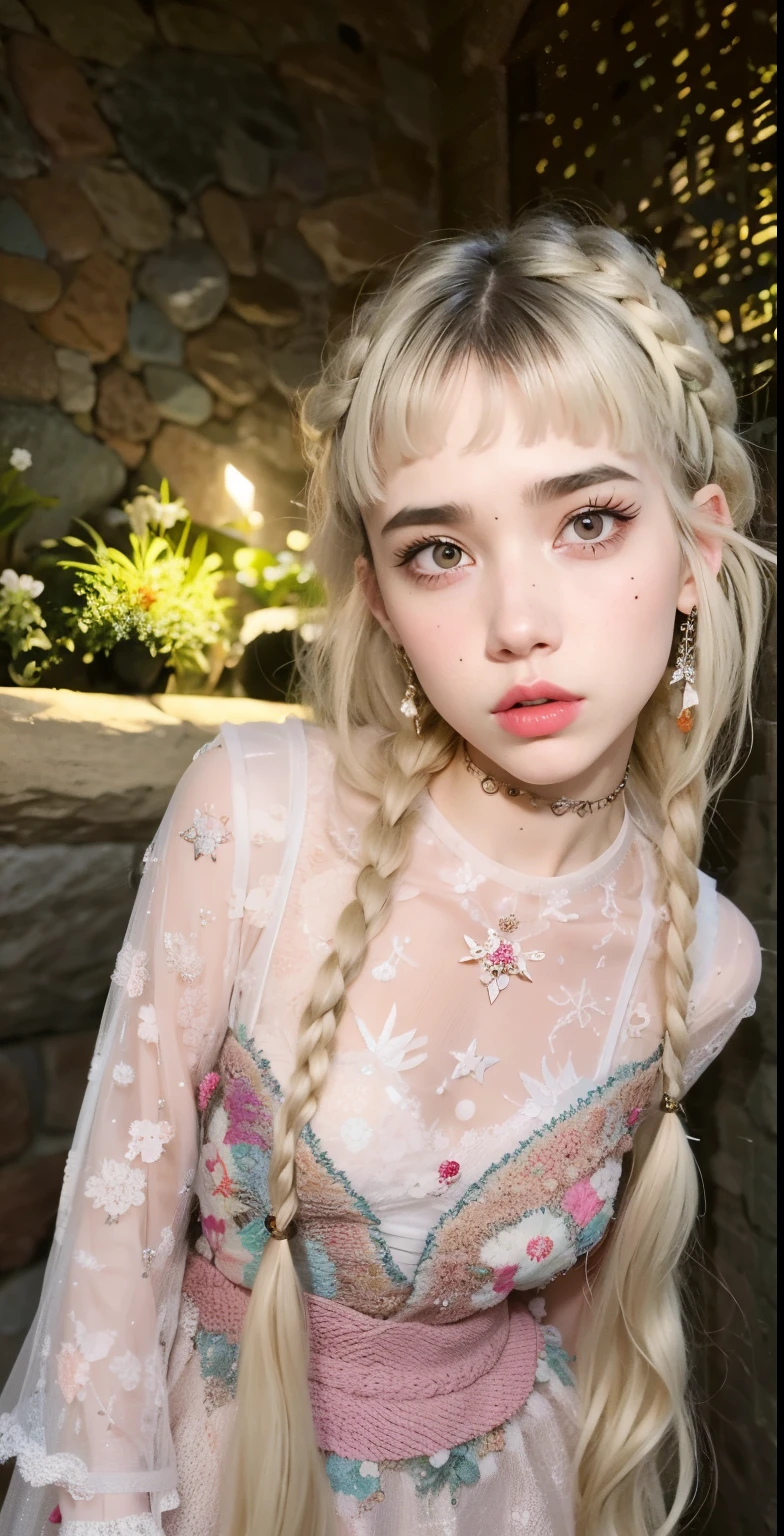 Un primer plano de una mujer con cabello largo y rubio con un vestido, she looks like a mix of Grimes, looks like a mix of Grimes, looks a blend of Grimes, resembling a mix of Grimes, al estilo de petra collins, Grimes, petra collins, elfo eva, acid pixie, cabello rubio y ojos grandes, billie eilish