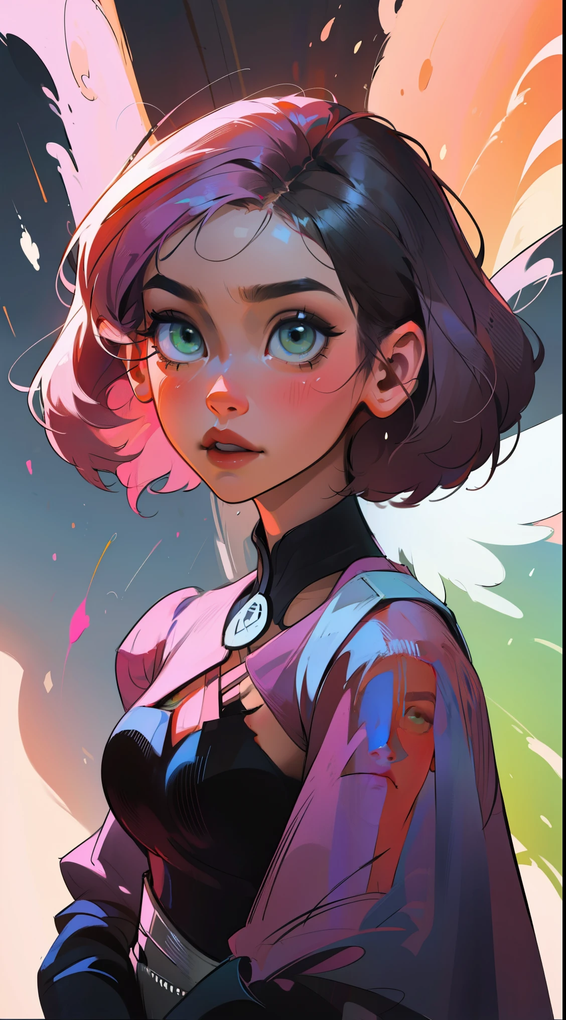 Alisa bosconovitch, melhor qualidade, contemporary, estilo plano, minimalismo, Green Eyes Flat Illustration, cabelo rosa, cabelo curto, cabelos multicoloridos, Camisa Preta, mechanical wings, Head Portrait Close-U, peito pontudo, decote, super decote, middlebreasts, Tekken，cabelo rosa pastel, 1girl, em quimono, hand-painted，Desenho de linha sem cor, colorida do yandere pastel, Tekken, [Detailed illustrations, Arte baseada em anatomia extremamente ideal, desenhos muito detalhados e detalhados, delicate lines with slowness and urgency, Realistic texture expression],(((Linhas principais coloridas)),(Obras de arte com excelente artesanato),(fundo do parque),[HENTAI anime japonesa bonita 14 anos de idade Skinny] cabelo rosa claro, com roupa de empregada，figura esbelta，robusto，He sat on the floor，Vestido com roupas de empregada rosa e branco，cabelos muito curtos，com orelhas de gato，quadratic element，, kawaii cor-de-rosa na roupa da era de 1910, Alisa Bosconovich pink lips, no estilo da paleta de cores suave aurorapunk, an anime illustration of his face, gifs animados, hand drawn animation, charming sketches, suave e brilhante, romantismo nebuloso, Estilo Superflat, fundo branco - ar 1:1 - niji 5 - estilo expressivo --s 50
cores vibrantes, Foco Suave, Vazamento de luz, Atmosfera de sonho, Charme Experimental, nostalgic appeal BREAK color field painting, Large Expanses of Color, Expressionismo abstrato, Tons ousados, Impacto emocional, atmospheric depth, abordagem minimalista BREAK,  Uma  bonita, Ultra HD (Ultra Detalhes) Observando o espectador com roupas de rua no estilo hip-hop, diferente, colorido, longo, Very colorful hair 🌈, Roupas Escuras, Poeira estelar branca em partes escuras, absurdo, high resolution, ultra detalhado, (1 garota : 1.3), cores vibrantes, Foco Suave, Vazamento de luz, Atmosfera de sonho,