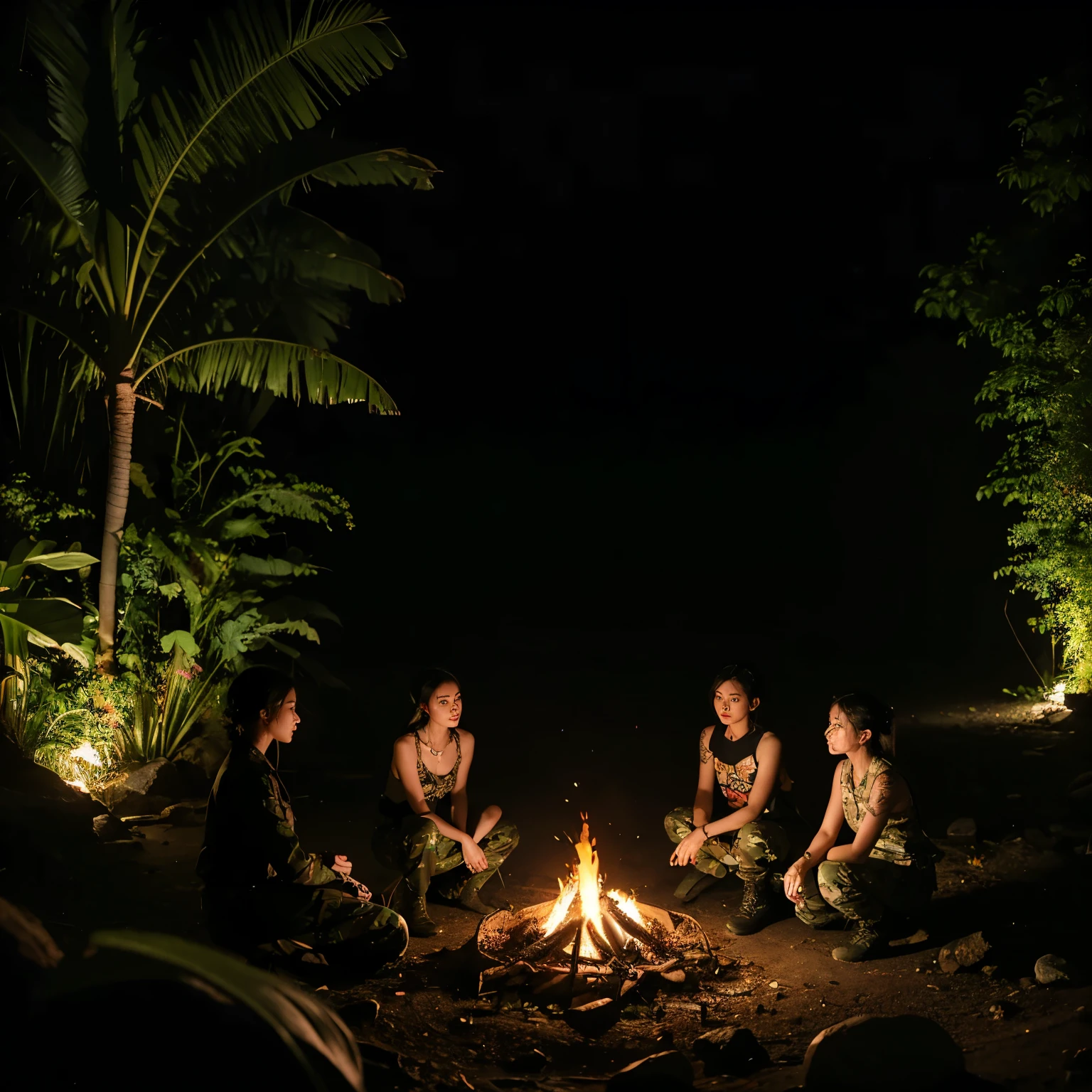 create a hyper-realistic night photo of Burmese girls' group in the jungle at the night. side shaved hair. tattoo. detail face. tattoo. power face, power pose. they wear Camouflage vest. pants and jungle boots. holding M4A1. near the river. detail rocks. detail water. banana plants. cut light. dirty. High contrast. detail plants. campfire. Clear color. dark theme. bokeh. fog.