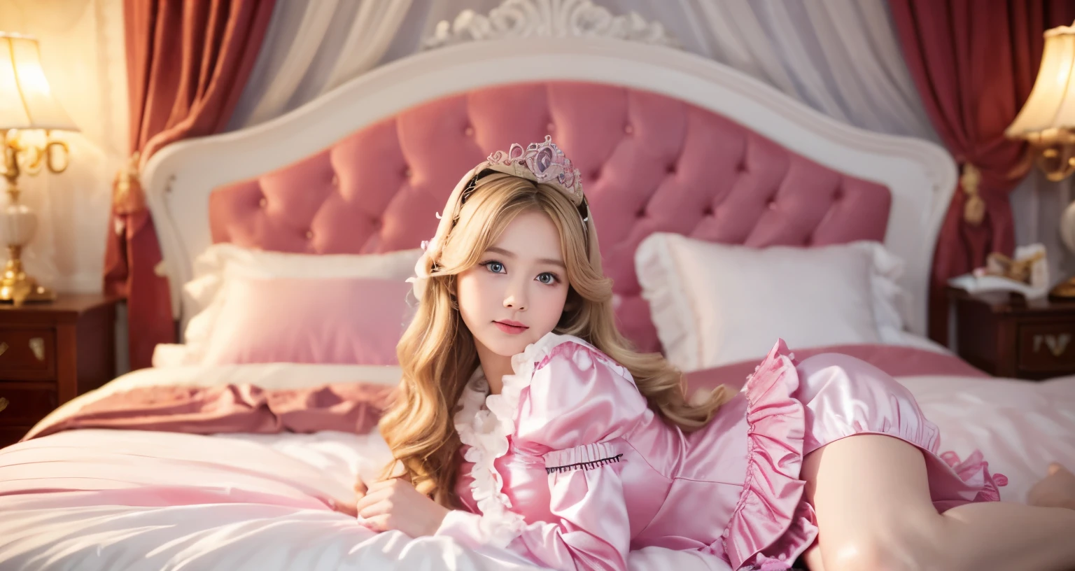 ,highest quality, masterpiece, highest resolution, artwork, super それにget used to it, many get used to it, get used to it, それにget used to it, 3K realistic photos,,(( When I was 10 years old)),Super detailed baby face,She is a princess,Full length ball gown dress with hoop skirt,ruffle yoke collar,puff sleeves,long sleeve,((Lolita style hot pink detailed princess satin dress、Comes with lots of frills and ribbons。)),colorful rococo fashion,shiny satin dress,Soft and smooth fabric,luxury,long blonde hair,blue eyes,white skin european,pajamas,((inside the palace)),,,(( When I was 10 years old)),Super detailed baby face,Full length ball gown dress with hoop skirt,long skirt,ruffle yoke collar,puff sleeves,腰まで伸びるlong blonde hair,blue eyes,white skin european,pajamas,((inside the palace bedroom)),ピンクのシルクサテンのluxuryなcanopy bedの上,canopy bed,Luxurious curtains on both sides of the bed,many frilly pillows on the bed,super detailed background,Detailed bed,romantic atmosphere,little princess is lying on the bed,hugging a pink pillow,((((both legs are hidden in the dress)))),the dress is spread across the bed,soft pink silk satin comforter,Soft silk satin ruffled pillow,Beautiful girl illustration,detailed beautiful face detailed hair,detailed human eye ,detailed mouth, arm details,detailed hand,Detailed pillow,