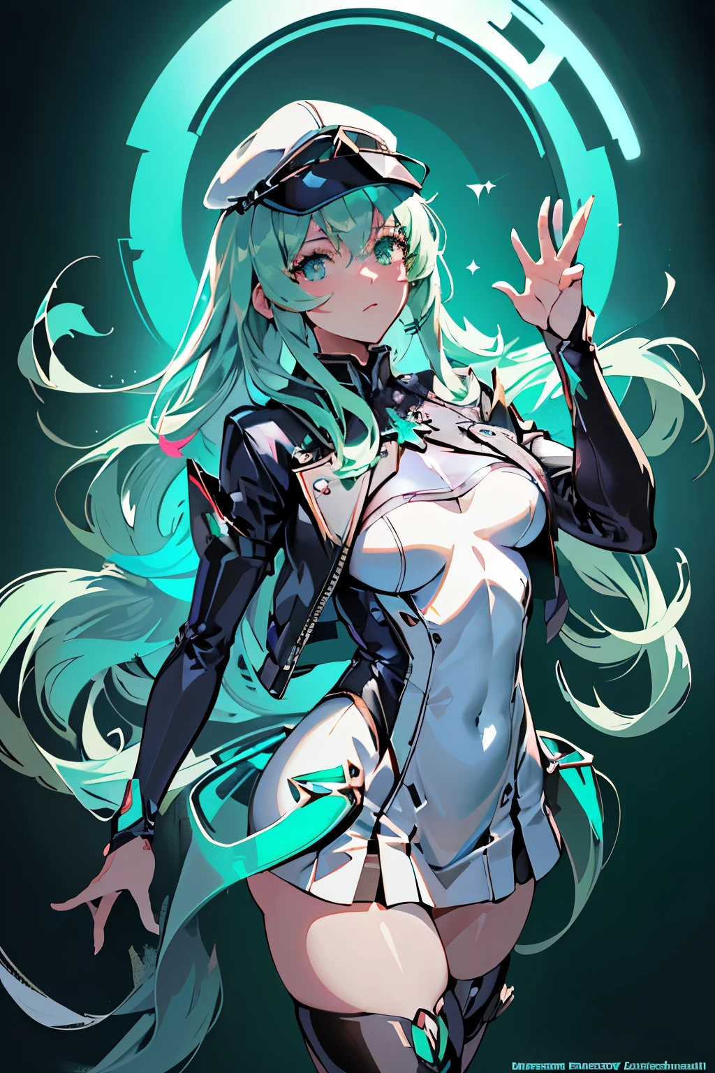 Anime, Girl, (((1girl))), (((Waifu, Xenoblade Chronicles 2, Pneuma Waifu))), (((Seafoam Green Hair, Long Hair))), ((Seafoam Green Eyes eyes:1.3, Upturned Eyes: 1, Perfect Eyes, Beautiful Detailed Eyes, Gradient eyes: 1, Finely Detailed Beautiful Eyes: 1, Symmetrical Eyes: 1, Big Highlight On Eyes: 1.2)), (((Lustrous Skin: 1.5, Bright Skin: 1.5, Skin Fair, Shiny Skin, Very Shiny Skin, Shiny Body, Plastic Glitter Skin, Exaggerated Shiny Skin, Illuminated Skin))), (Detailed Body, (Detailed Face)), Young, Idol Pose, (Best Quality), Techwear, (((Military Uniform))), (((Military Cap))), (((Military Coat))), (((Thigh-high Heeled Boots))), High Resolution, Sharp Focus, Ultra Detailed, Extremely Detailed, Extremely High Quality Artwork, (Realistic, Photorealistic: 1.37), 8k_Wallpaper, (Extremely Detailed CG 8k), (Very Fine 8K CG), ((Hyper Super Ultra Detailed Perfect Piece)), (((Flawlessmasterpiece))), Illustration, Vibrant Colors, (Intricate), High Contrast, Selective Lighting, Double Exposure, HDR (High Dynamic Range), Post-processing, Background Blur