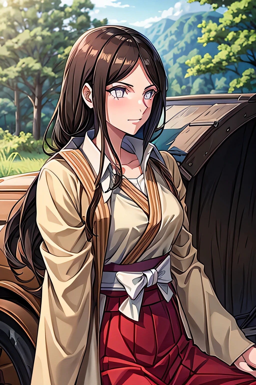 1 chica, By the chestnut, carruaje, bosque, Camino de tierra, kimono formal blanco