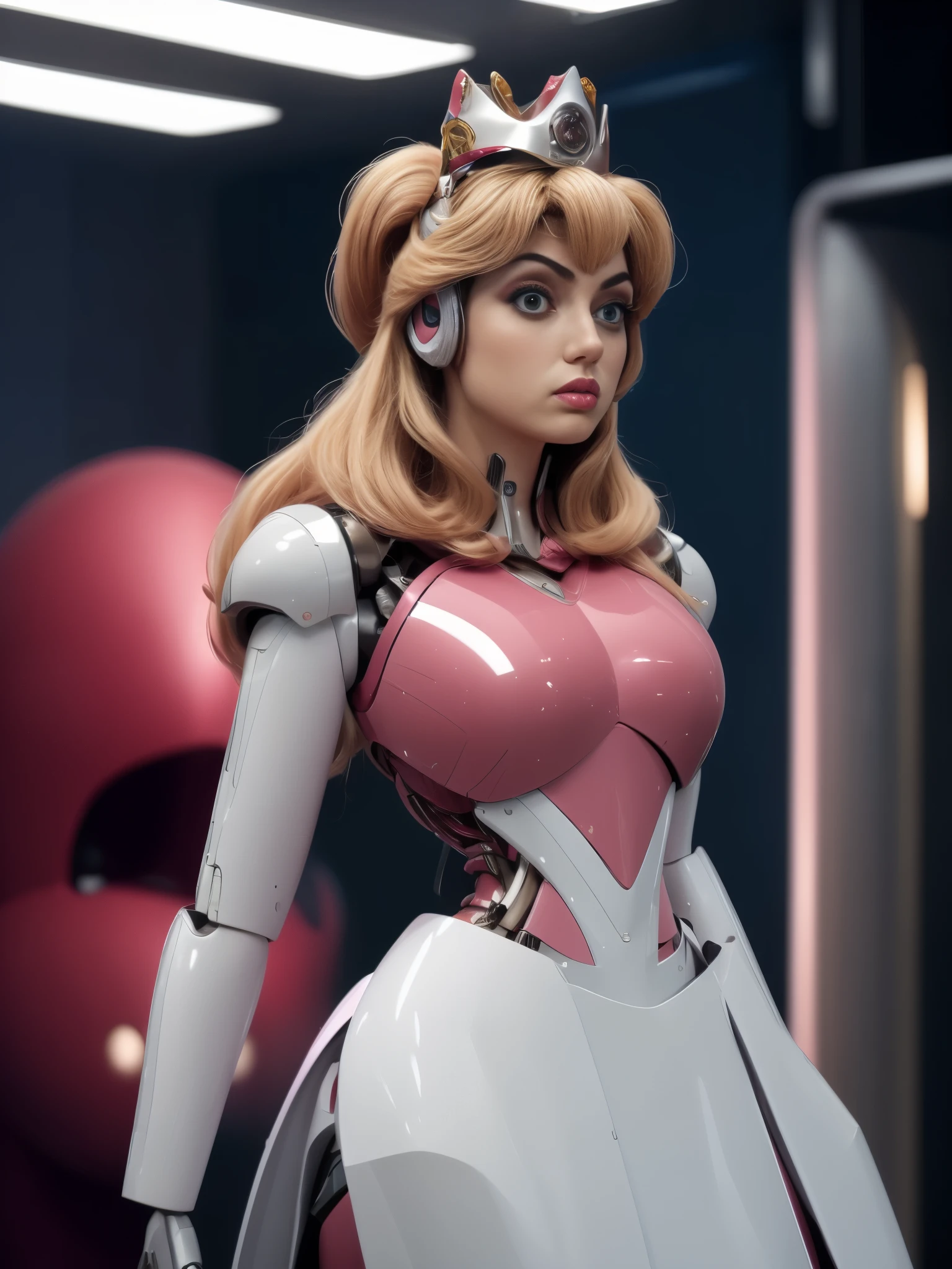  picture of ana de armas as princess peach from mario bros wearing a robotic dress and silver lipstick. almost mechanical, A Blank face, stand up, being reprogrammed, futuristic headset , ultrarrealistic. blue led eletronic pupils in a black sclera, glowing, high pony tail hair, auburn color, with two white front hair streaks, light curled hair, she stands up at atention, awaiting commands with blank expression, fitness body, style based by hajime sorayama 