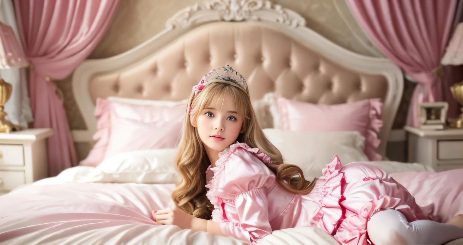 ,highest quality, masterpiece, highest resolution, artwork, super それにget used to it, many get used to it, get used to it, それにget used to it, 3K realistic photos,,(( When I was )),Super detailed baby face,She is a princess,Full length ball gown dress with hoop skirt,ruffle yoke collar,puff sleeves,long sleeve,((Lolita style pink detailed princess satin dress、Comes with lots of frills and ribbons。)),colorful rococo fashion,shiny satin dress,Soft and smooth fabric,luxury,long blonde hair,blue eyes,white skin european,pajamas,((inside the palace)),,,(( When I was 10 years old)),Sd baby face,Full length ball gown dress with hoop skirt,long skirt,ruffle yoke collar,puff sleeves,腰まで伸びるlong blonde hair,blue eyes,white skin european,pajamas,((inside the palace bedroom)),ピンクのシルクサテンのluxuryなcanopy bedの上,canopy bed,Luxurious curtains on both sides of the bed,many frilly pillows on the bed,super detailed background,Detailed bed,romantic atmosphere,little princess is lying on the bed,hugging a pink pillow,((((both legs are hidden in the dress)))),the dress is spread across the bed,soft pink silk satin comforter,Soft silk satin ruffled pillow,Beautiful girl illustration,detailed beautiful face detailed hair,detailed human eye ,detailed mouth, arm details,detailed hand,Detailed pillow,