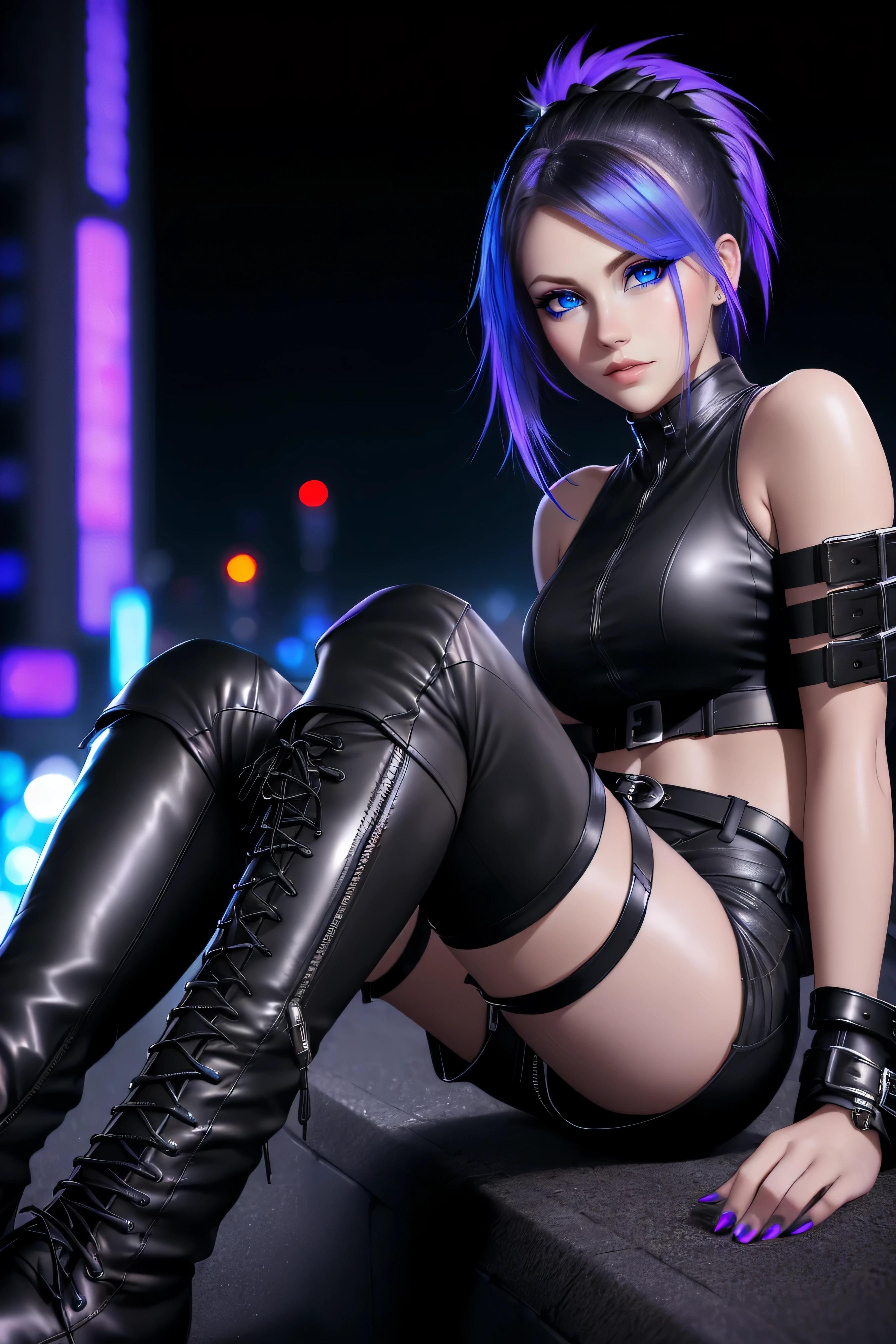 beautiful girl, short bright blue neon streaked dishevelled hair, ((realistic highly detailed eyes:1.4)), ((seductive pose:1.2)), black eyeshadow, (street style wear:1.2), ((tight fitted short pants)), ((thigh high leather boots:1.3)), (dark city night black background:1.4), dark makeup, digital art, trending on artstation, highly detailed, fine detail, intricate, beautiful detailed glow, detailed, Cinematic light, high-res, detailed facial features, sharp focus, smooth, aesthetic,