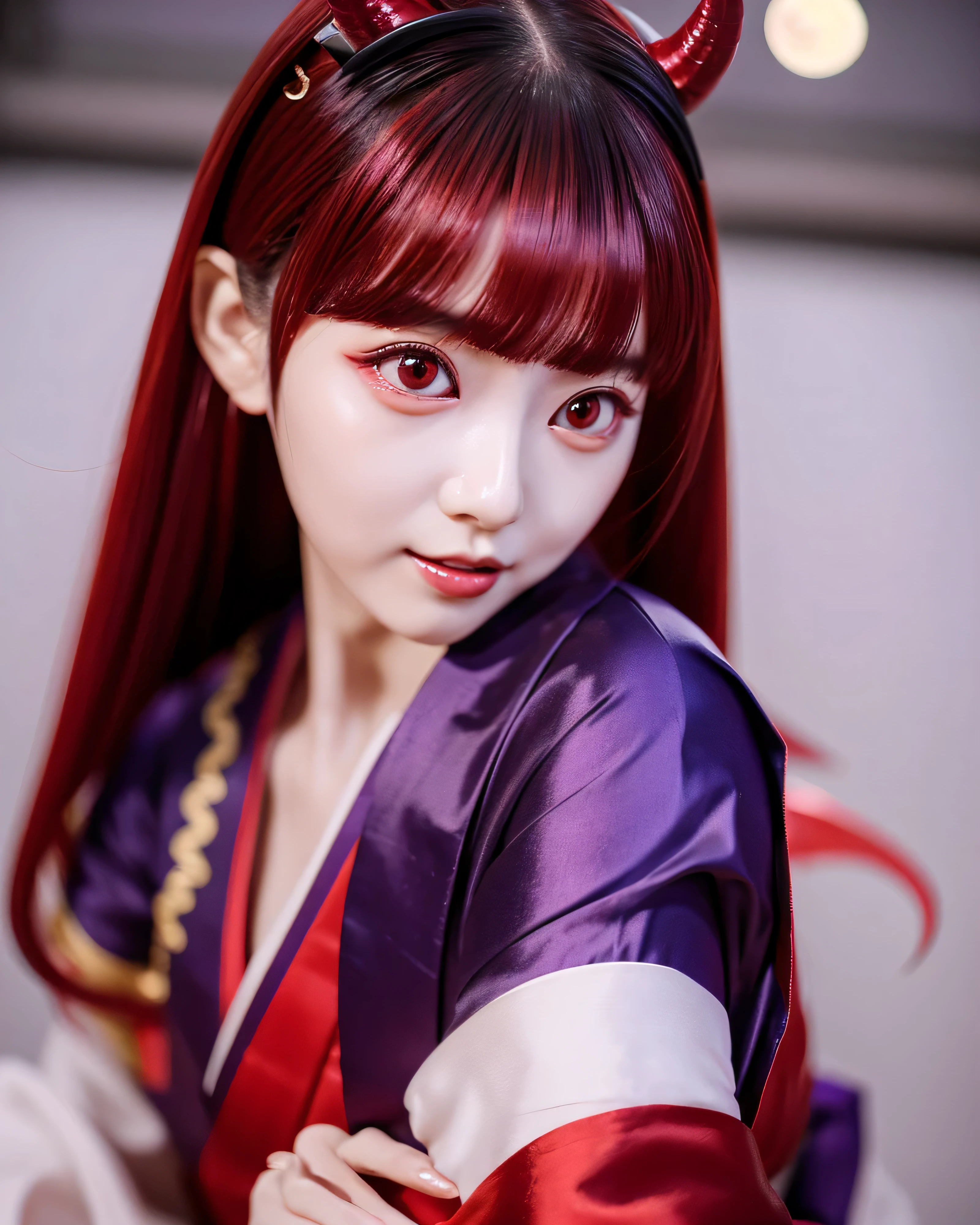 beautiful japanese woman (devil girl:1.5) (whole body:1.2) complex colored red hair platinum red thin hair small devil horns on forehead Detailed complex hair natural makeup Super Long Straight Silk Hair asymmetrical bangs big magic eyes moist red eyes gentle smile simple red kimono clow pose full moon night Purple Night Sky pointed double teeth smooth white skin professional lighting