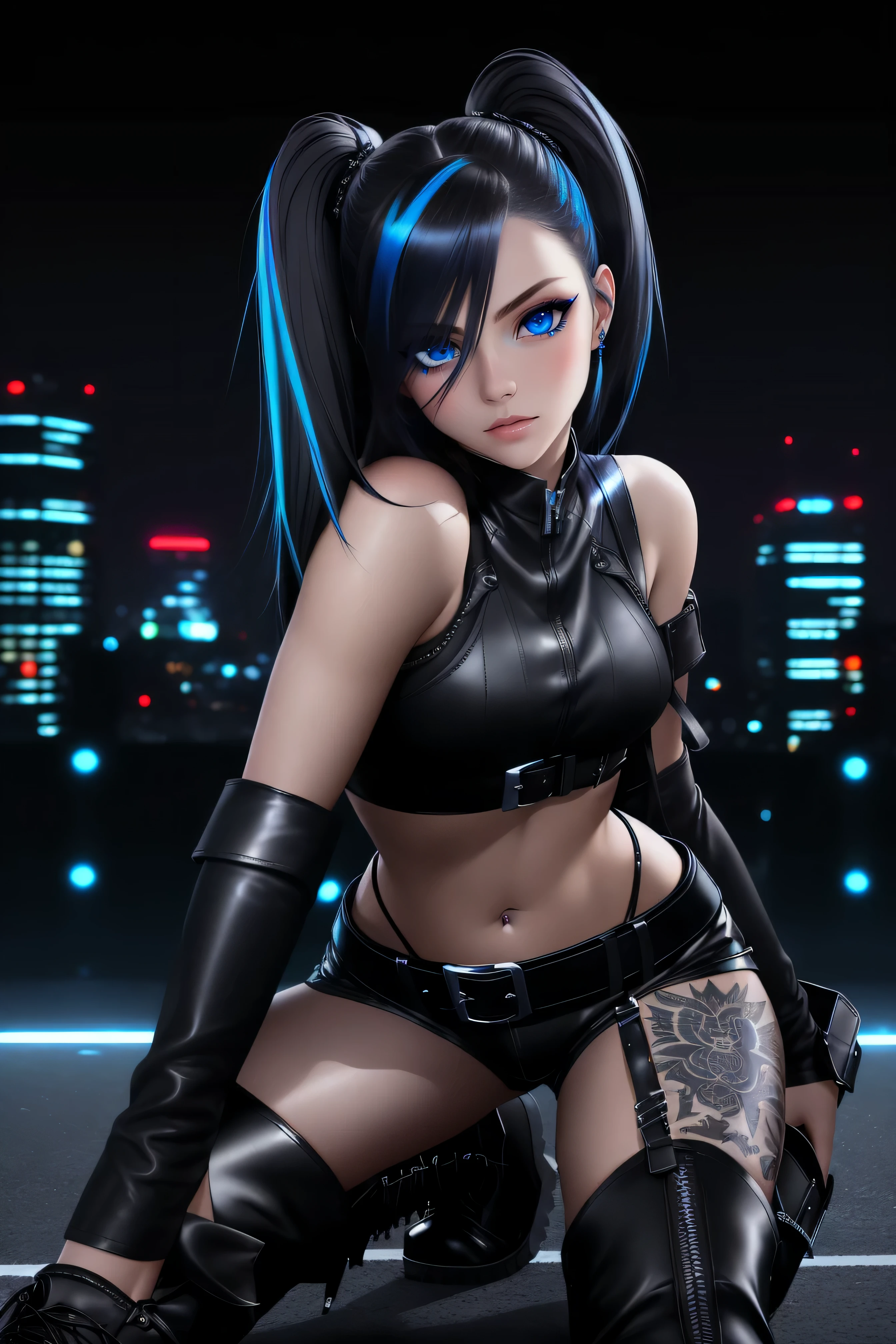  beautiful girl, full body, short bright blue neon streaked dishevelled hair, ((realistic highly detailed eyes:1.4)), ((seductive pose:1.2)), black eyeshadow, (street style wear:1.2), ((tight fitted short pants)), ((thigh high leather boots:1.3)), (dark city night black background:1.4), dark makeup, digital art, trending on artstation, highly detailed, fine detail, intricate, beautiful detailed glow, detailed, Cinematic light, high-res, detailed facial features, sharp focus, smooth, aesthetic,