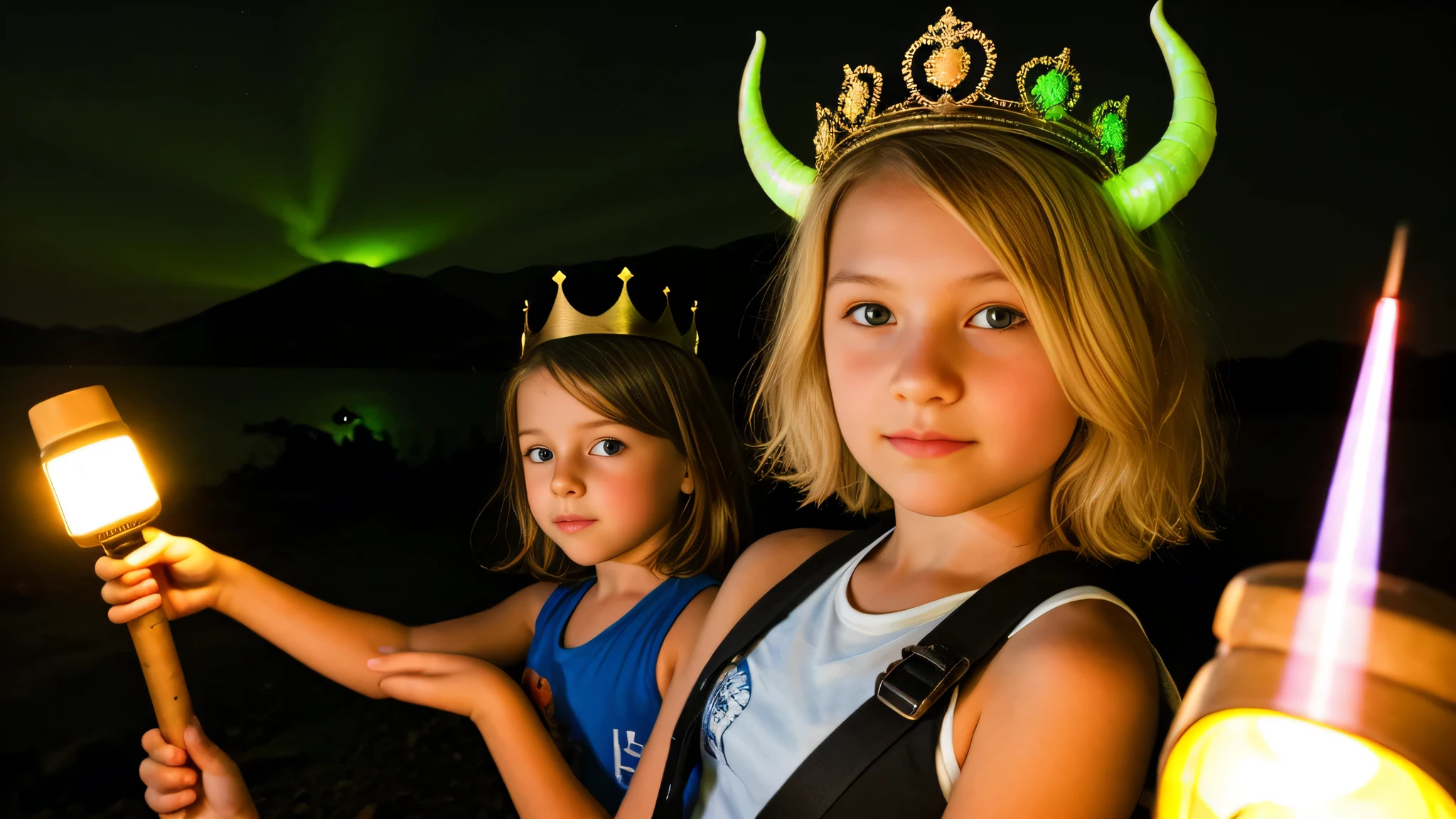 BLOND  girl in a crown of horns holding a flashlight GREEN light , segurando uma lanterna com laser verde,