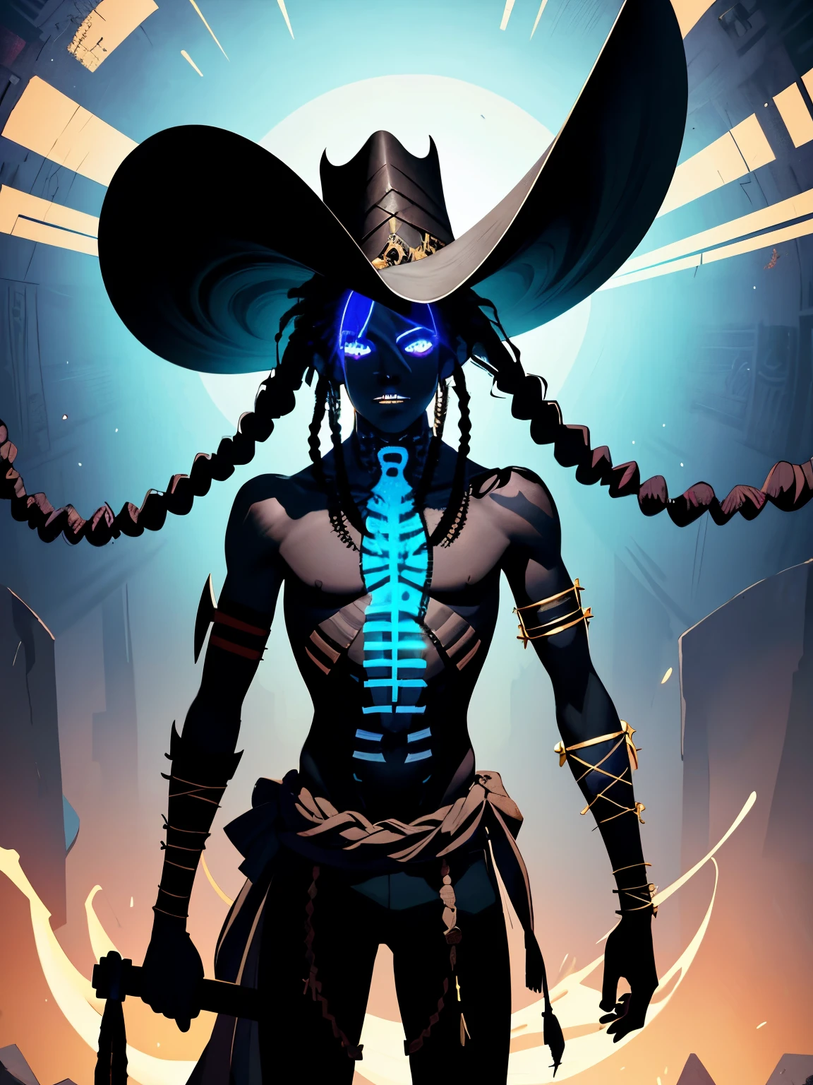 masterpiece, best quality, ultra high res, (dark art:1.3), deep shadow, dark theme, photo of (lwa Baron Samedi possessed) (tan Haitian boy with braided hair) with blue glowing eyes with painted sigils seals and hieroglyphics painted allover body, ready to fight, oversized blood tarnished black-iron wrought gauntlets, skeletal bone Raven perched above the boy