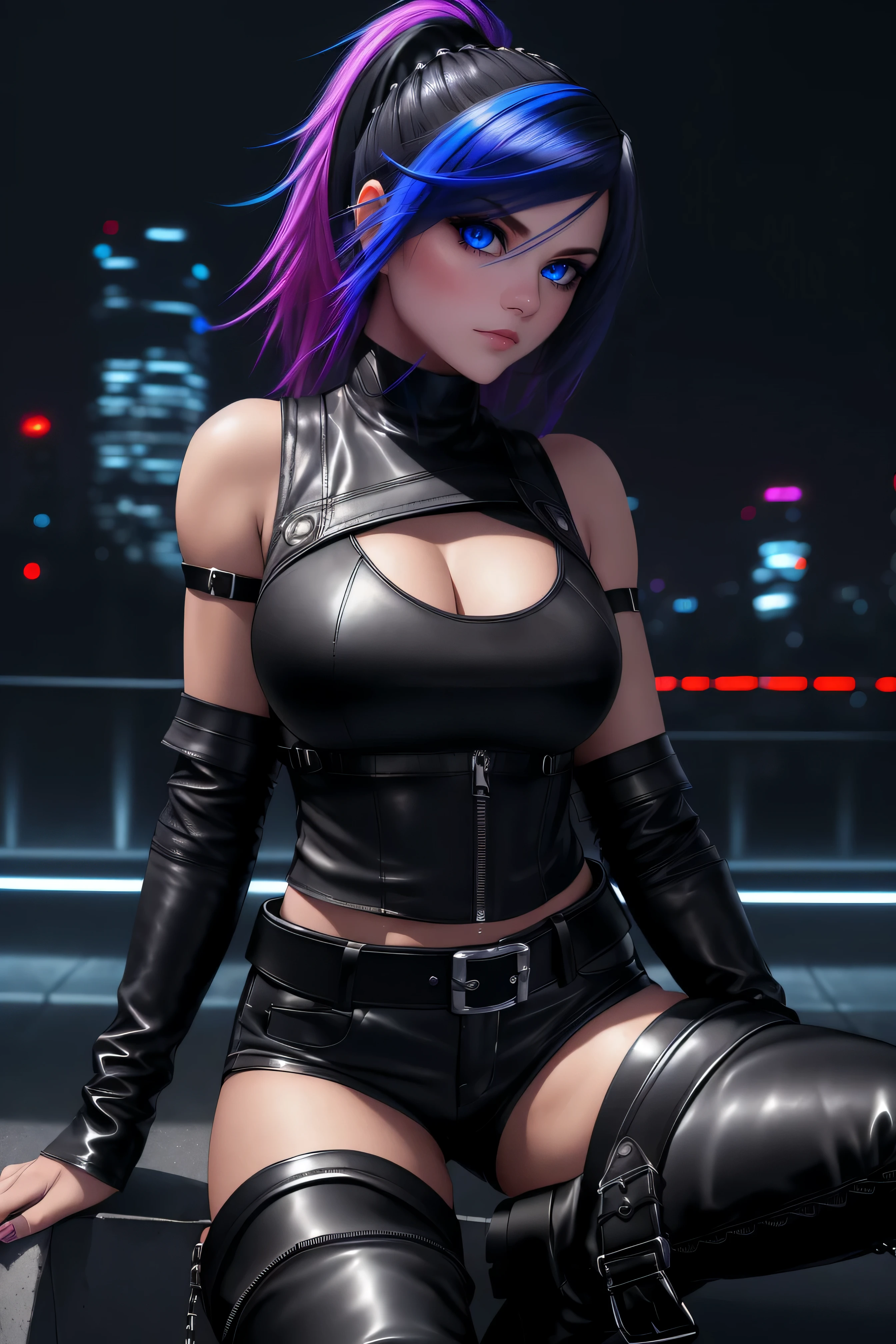  beautiful girl, full body, short bright blue neon streaked dishevelled hair, ((realistic highly detailed eyes:1.4)), ((seductive pose:1.2)), black eyeshadow, (street style wear:1.2), ((tight fitted short pants)), ((thigh high leather boots:1.3)), (dark city night black background:1.4), dark makeup, digital art, trending on artstation, highly detailed, fine detail, intricate, beautiful detailed glow, detailed, Cinematic light, high-res, detailed facial features, sharp focus, smooth, aesthetic,