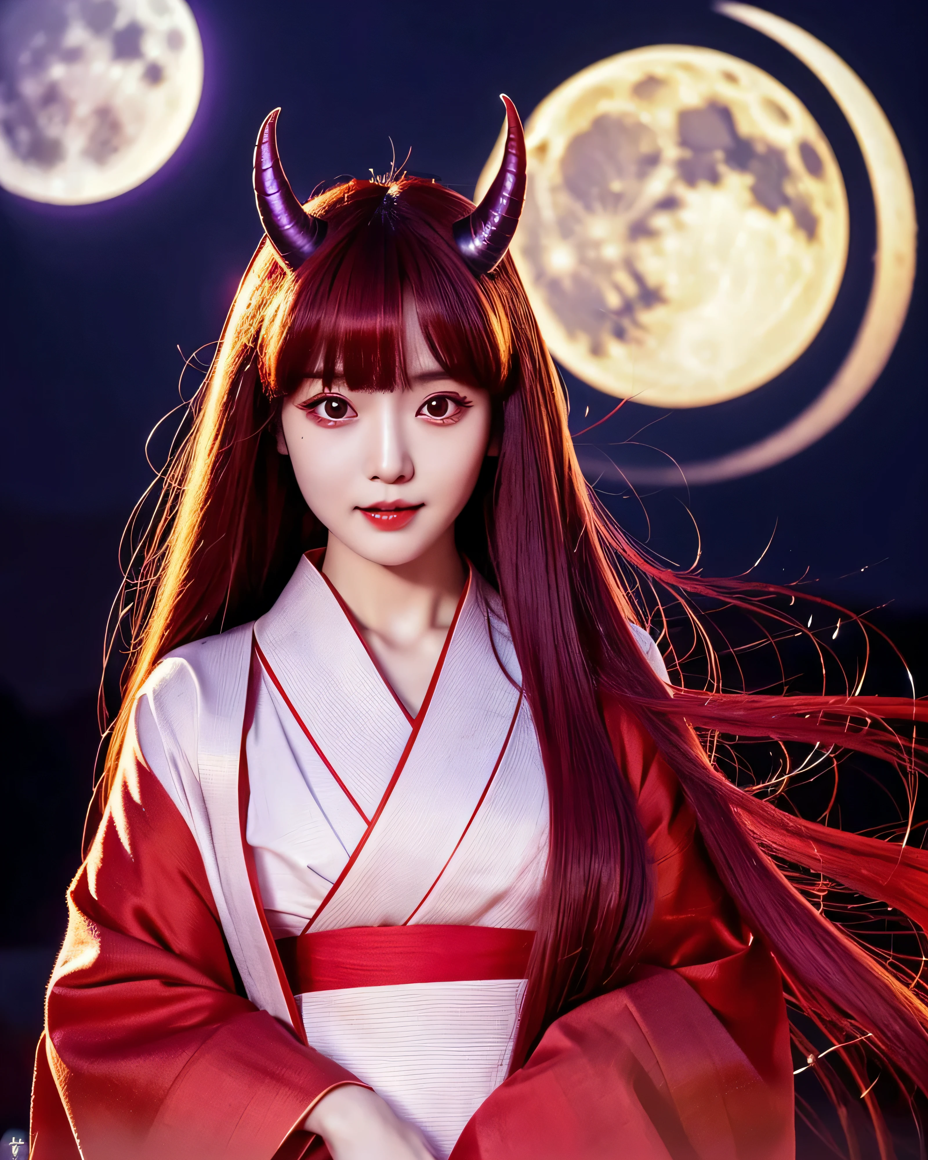 beautiful japanese woman　(devil girl:1.5)　(whole body:1.2)　complex colored red hair　platinum red thin hair　small devil horns on forehead　Detailed complex hair　natural makeup　Super Long Straight Silk Hair　asymmetrical bangs　big magic eyes　moist red eyes　 gentle smile　simple red kimono　clow pose　full moon night　Purple Night Sky　pointed double teeth　smooth white skin　professional lighting
