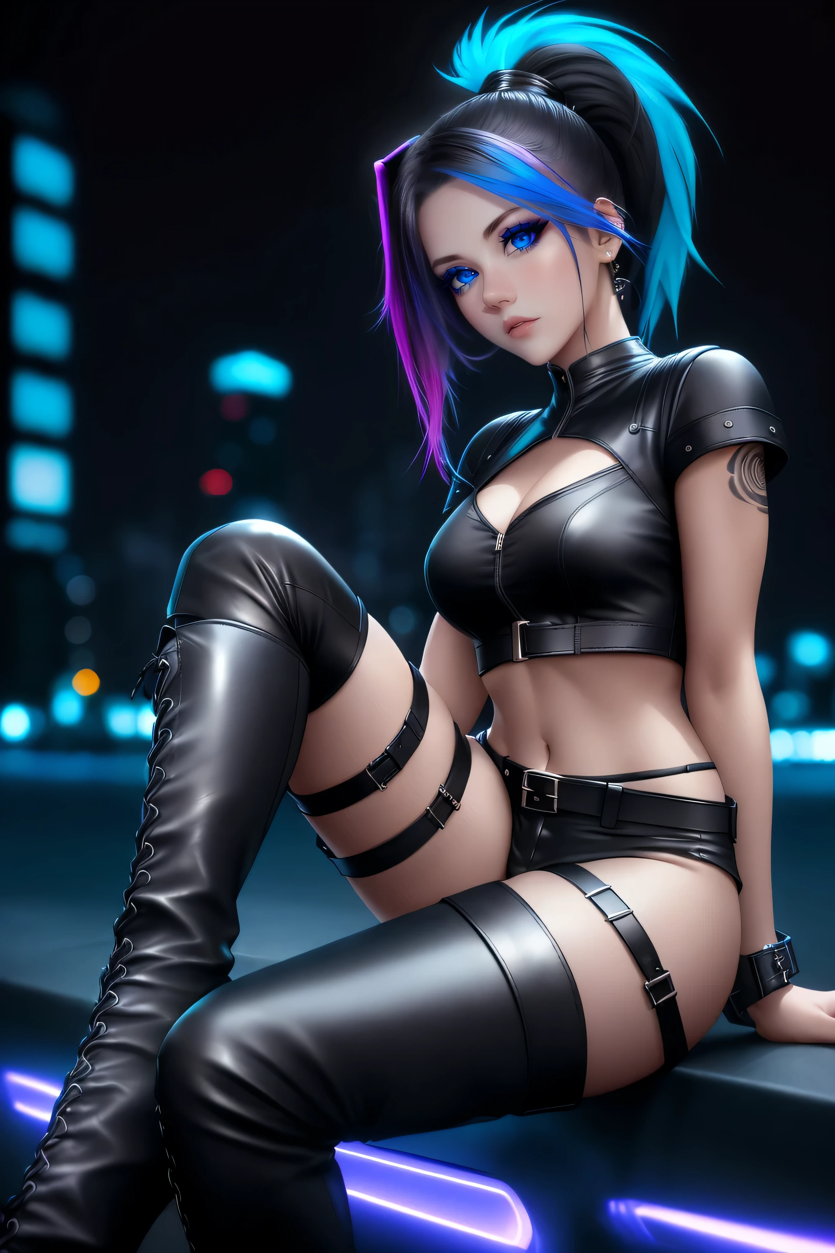 beautiful girl, full body, short bright blue neon streaked dishevelled hair, ((realistic highly detailed eyes:1.4)), ((seductive pose:1.2)), black eyeshadow, (street style wear:1.2), ((tight fitted short pants)), ((thigh high leather boots:1.3)), (dark city night black background:1.4), dark makeup, digital art, trending on artstation, highly detailed, fine detail, intricate, beautiful detailed glow, detailed, Cinematic light, high-res, detailed facial features, sharp focus, smooth, aesthetic,