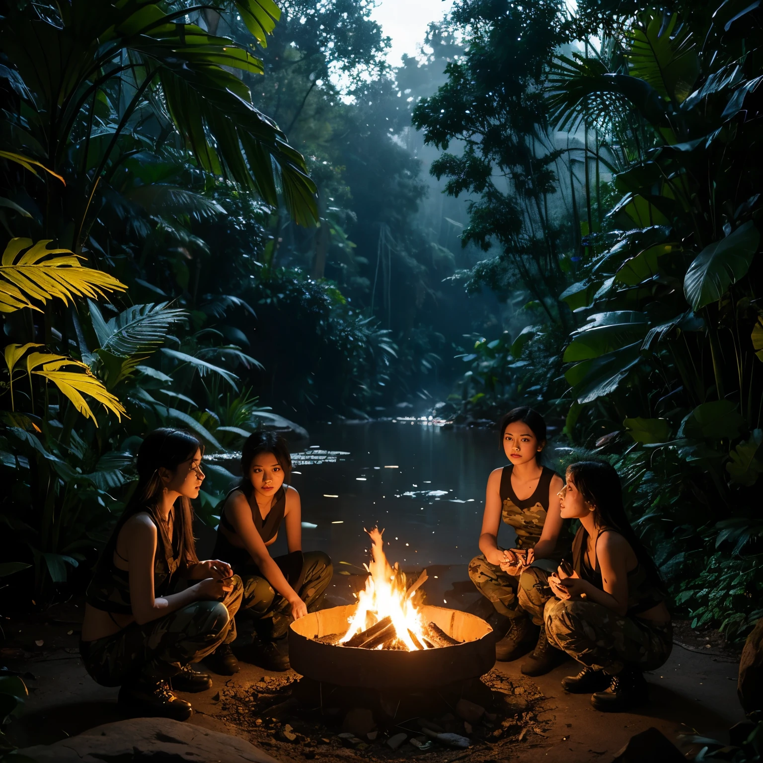 create a hyper-realistic night photo of Burmese girls' group in the jungle at the night. muscle. side shaved hair. tattoo. detail face. power face, power pose. they wear Camouflage vest. pants and jungle boots. holding M4A1. near the river. detail rocks. detail water. banana plants. cut light. dirty. High contrast. detail plants. campfire. Clear color. dark theme. bokeh. fog. cold color