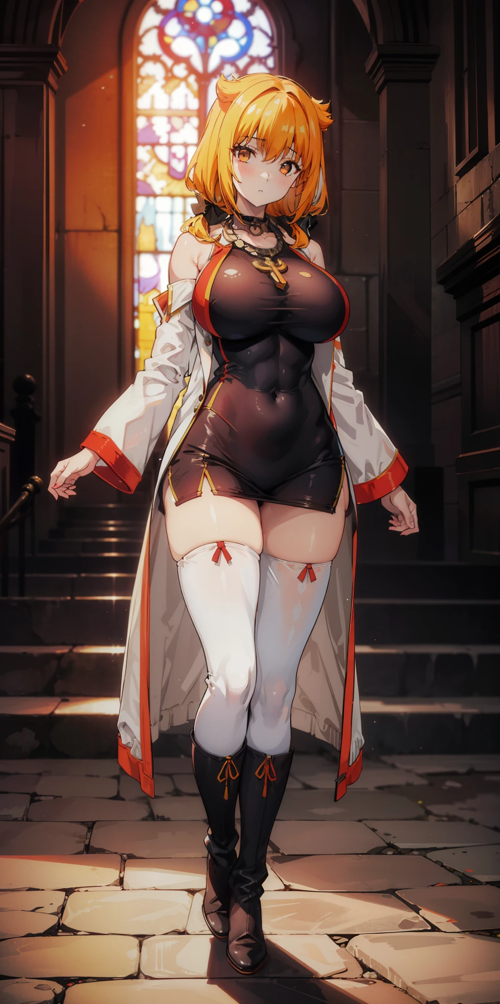 (Masterpiece, best quality), (highres, ultra-detailed), ( perfect anatomy), outdoors, 1girl, solo, dress, sela, large breasts, tan, necklace, white sleeves, thighhighs, muscular, thighs, full body, priestess, church, religous, pants, coat, pullover, boots, body suit, bigdress, big robe,black body suit, HIGH BOOTS, feet together, toe to head
