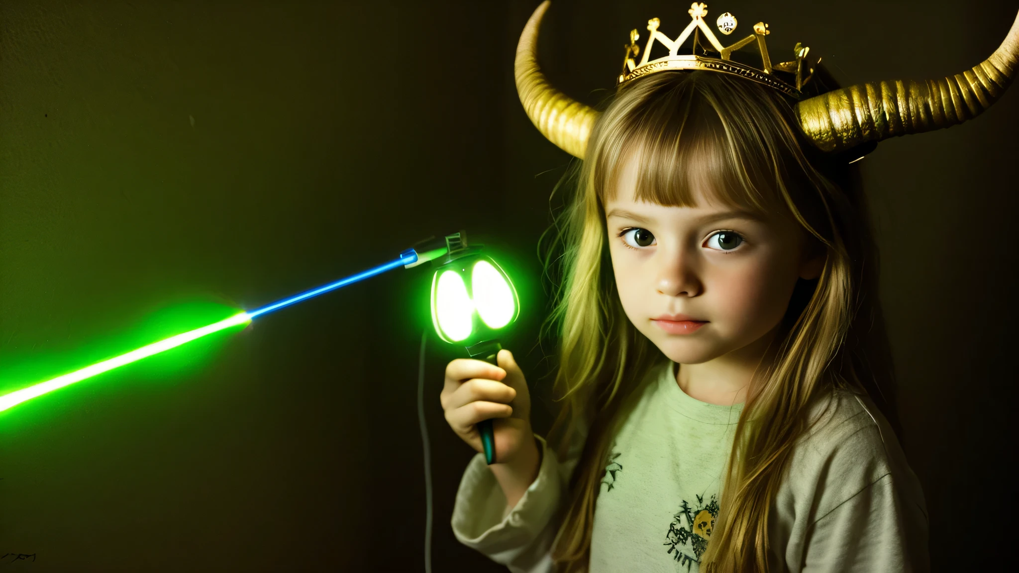 BLOND kids girl in a crown of horns holding a flashlight GREEN light , segurando uma lanterna com laser verde,