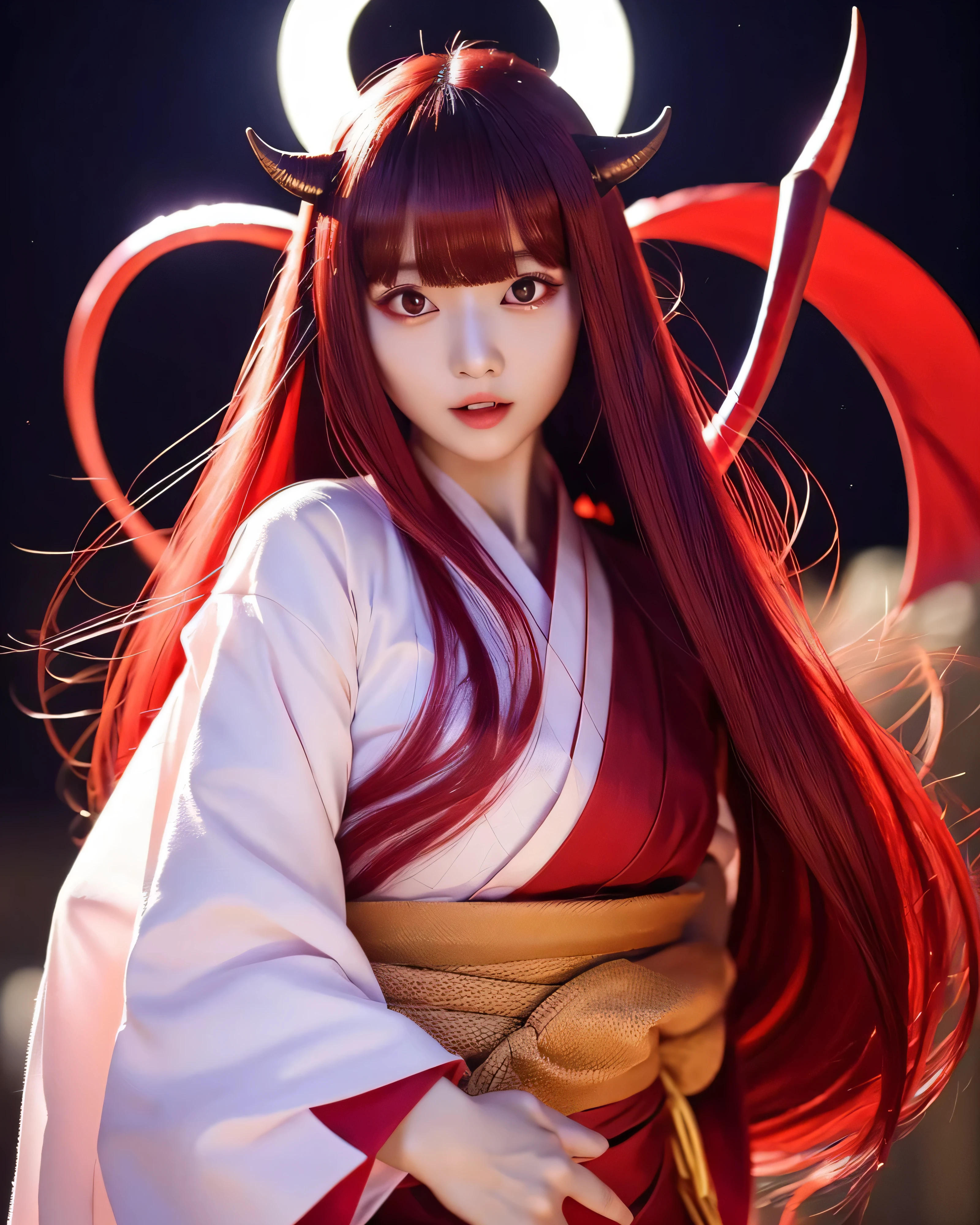 beautiful japanese woman (devil girl:1.5) (whole body:1.2) complex colored red hair platinum red thin hair small devil horns on forehead Detailed complex hair natural makeup Super Long Straight Silk Hair asymmetrical bangs big magic eyes moist red eyes gentle smile simple red kimono clow pose full moon night Purple Night Sky pointed double teeth smooth white skin professional lighting