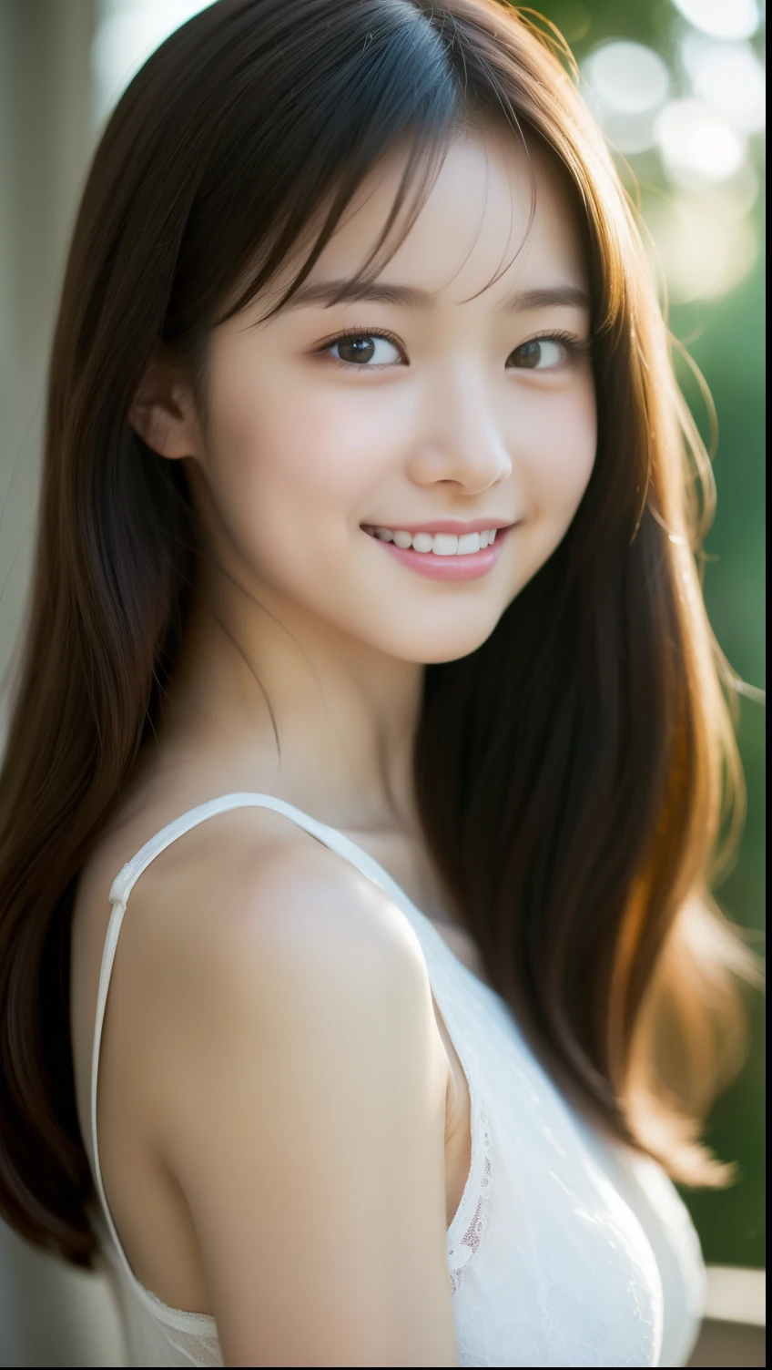 8K,ultra best quality、masterpiece:1.3)、realisitic、Photorealsitic:1.37)、ultra-detailliert、top-quality、超A high resolution、Ultra-high image quality,8,0 million pixels,Shallow depth of field,Focusing,Sun'rays,Good composition,(Bokeh:1.2),((1人)),((full body Esbian)),二重まぶた,a Pretty Japanese woman,((15yudent)),Beautiful long straight hair,beutiful breast,Delicate and beautiful realistic skin texture,(Realistic ),((Lifelike face)),((Complete body))((Realistic genitals)),((Realistic pubic hair)),Early morning valley,Beautiful profile closeup in morning light,,depth of fields:Very shallow focus to the pupil Beautiful, Soft and elegant depiction Smile a little at the viewer The wind blows and the hair shakes Refreshing and pure atmosphere The girl is 15 yearmmer light is beautiful Very elegant and neat Trending fashion that looks good in the summer of Japan Hairstyle like an Japan idol Close-ups of the face and depth of field are very shallow More face close-ups Girl in profile looking up at the sky and smiling Very shallow depth of field Refreshing 16-year-old smile ,8 Head Body,There is a white lace curtain in the background Very shallow depth of field。Super close-up of pupil with macro lens