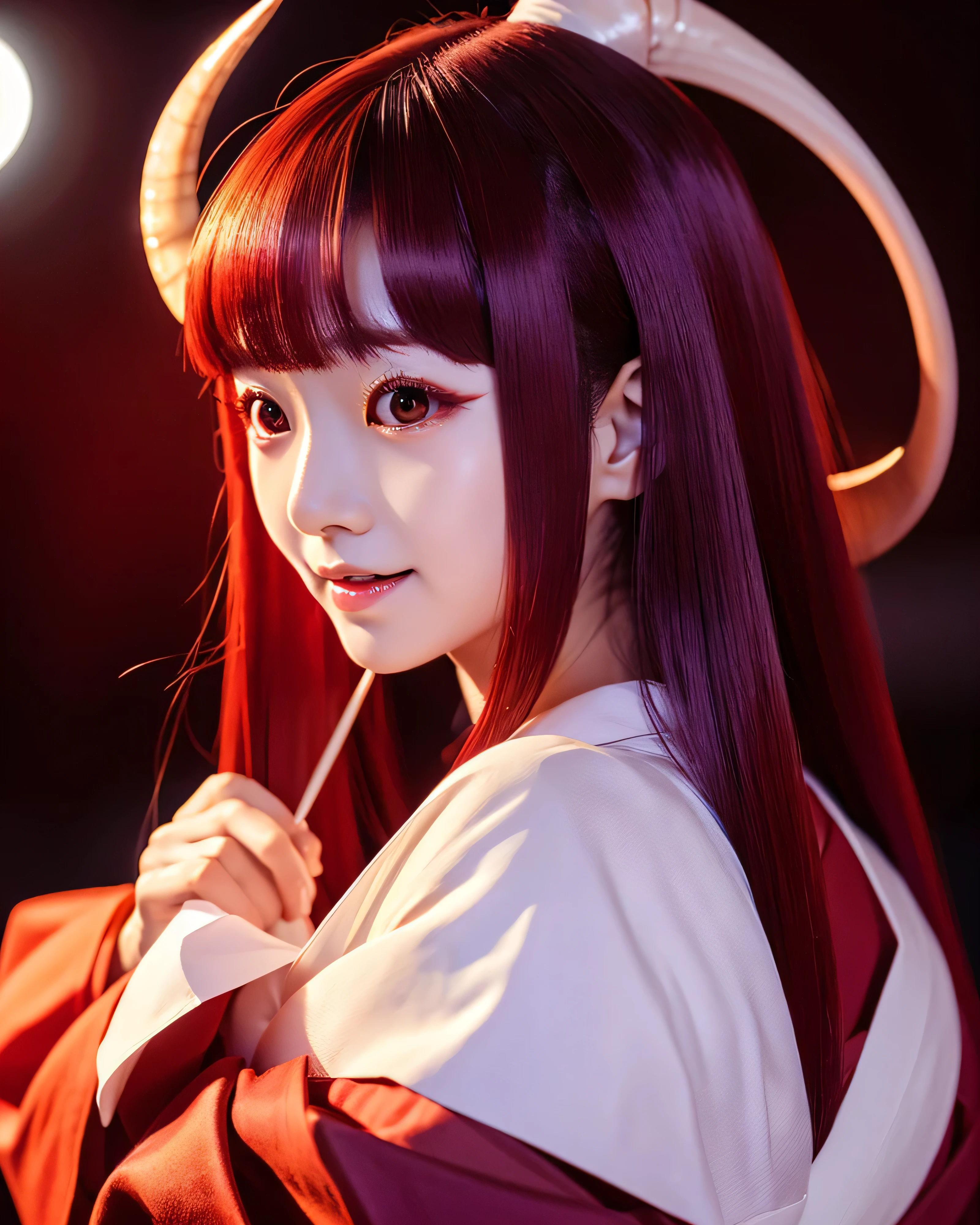 beautiful japanese woman　(devil girl:1.5)　(whole body:1.2)　complex colored red hair　platinum red thin hair　small devil horns on forehead　Detailed complex hair　natural makeup　Super Long Straight Silk Hair　asymmetrical bangs　big magic eyes　moist red eyes　 gentle smile　simple red kimono　clow pose　full moon night　Purple Night Sky　pointed double teeth　smooth white skin　professional lighting
