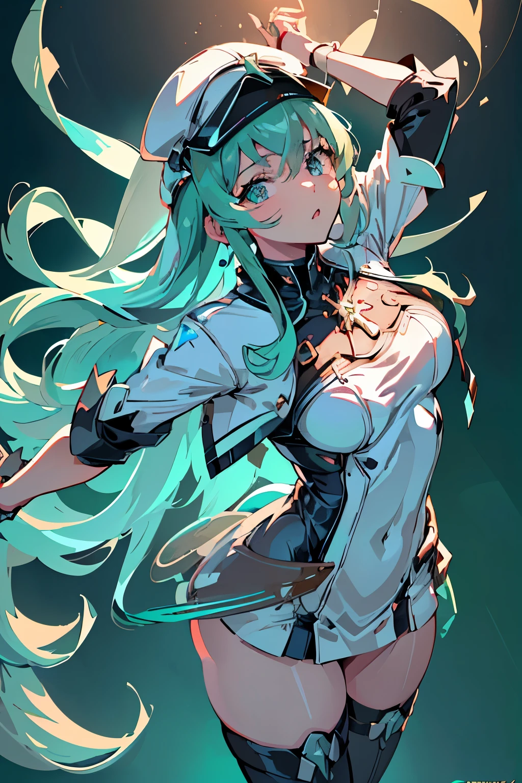 Anime, Girl, (((1girl))), (((Waifu, Xenoblade Chronicles 2, Pneuma Waifu))), (((Seafoam Green Hair, Long Hair))), ((Seafoam Green Eyes eyes:1.3, Upturned Eyes: 1, Perfect Eyes, Beautiful Detailed Eyes, Gradient eyes: 1, Finely Detailed Beautiful Eyes: 1, Symmetrical Eyes: 1, Big Highlight On Eyes: 1.2)), (((Lustrous Skin: 1.5, Bright Skin: 1.5, Skin Fair, Shiny Skin, Very Shiny Skin, Shiny Body, Plastic Glitter Skin, Exaggerated Shiny Skin, Illuminated Skin))), (Detailed Body, (Detailed Face)), Young, Idol Pose, (Best Quality), Techwear, (((Military Uniform))), (((Military Cap))), (((Military Coat))), (((Thigh-high Heeled Boots))), High Resolution, Sharp Focus, Ultra Detailed, Extremely Detailed, Extremely High Quality Artwork, (Realistic, Photorealistic: 1.37), 8k_Wallpaper, (Extremely Detailed CG 8k), (Very Fine 8K CG), ((Hyper Super Ultra Detailed Perfect Piece)), (((Flawlessmasterpiece))), Illustration, Vibrant Colors, (Intricate), High Contrast, Selective Lighting, Double Exposure, HDR (High Dynamic Range), Post-processing, Background Blur