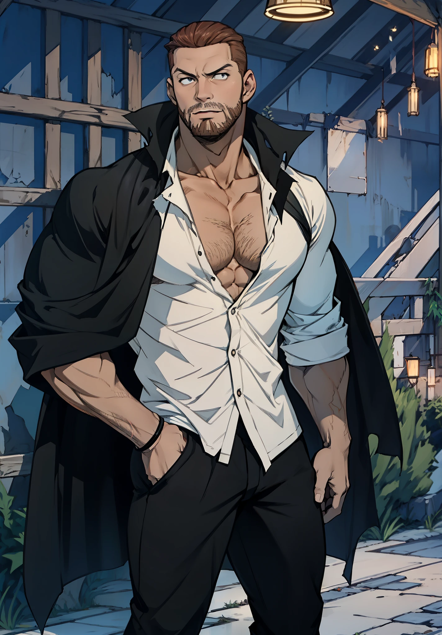 Masterpiece, 4K, High Quality, One person, Human, male, solo, looking at viewer, bad boy, ultra detailed, front view, Open shirt, pants, abs, pecs, perfect lighting, CG, detailed texture, brown short hair, full body, beard, old man.